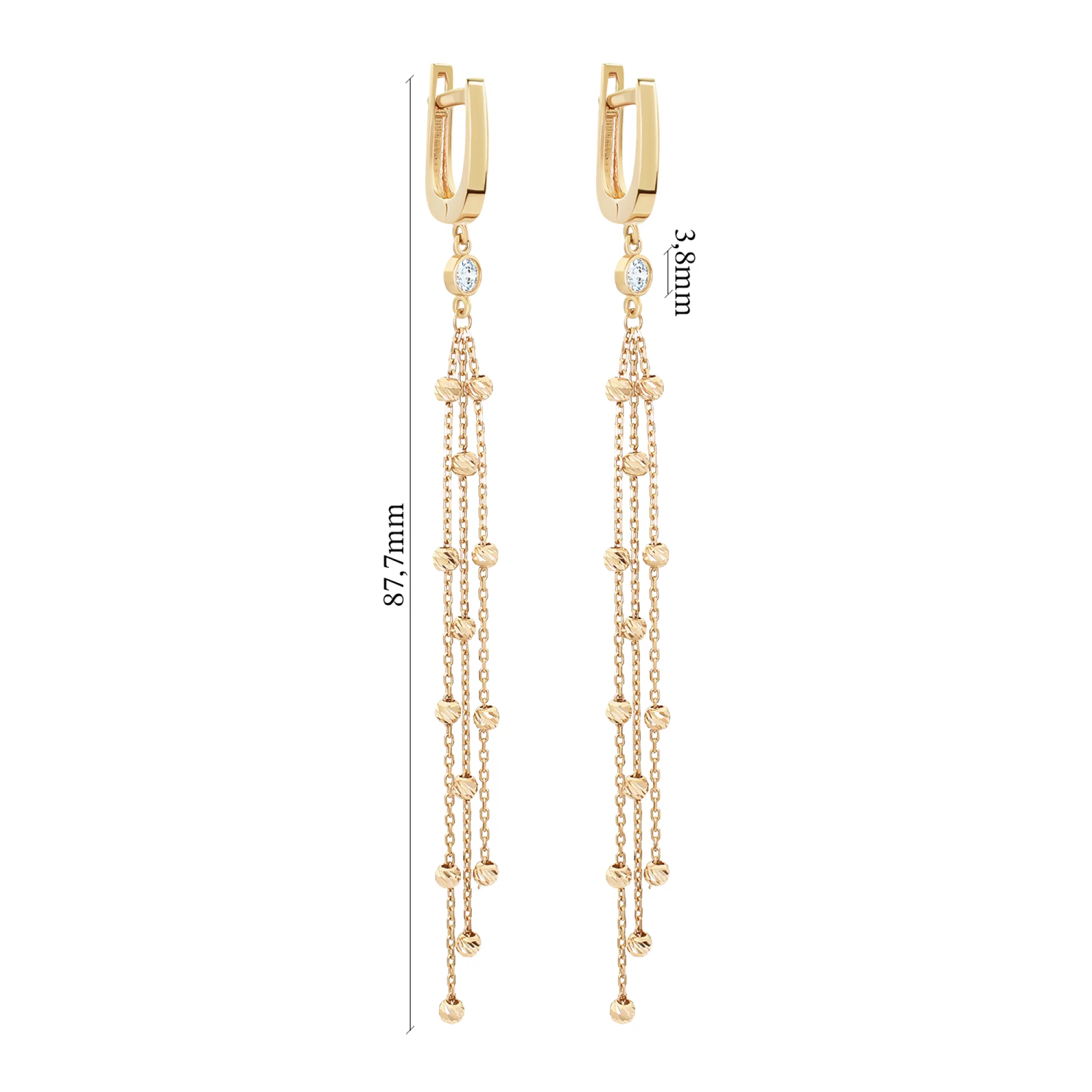 Сережки золоті з підвісками "Ланцюжки з Кульками" з алмазною гранню та фіанітом - 1530963 – зображення 3