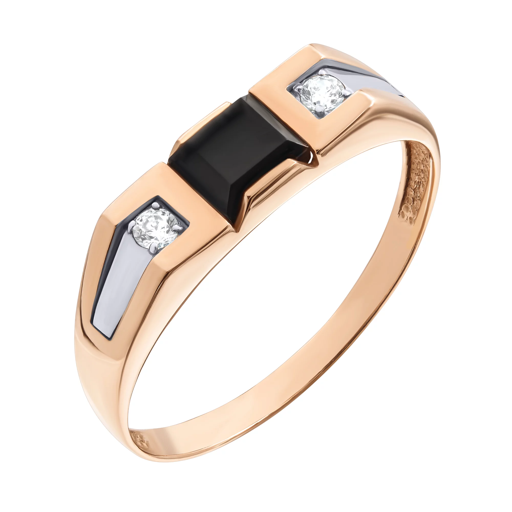 Перстень из комбинированного золота с ониксом и фианитом - 466769 – изображение 1