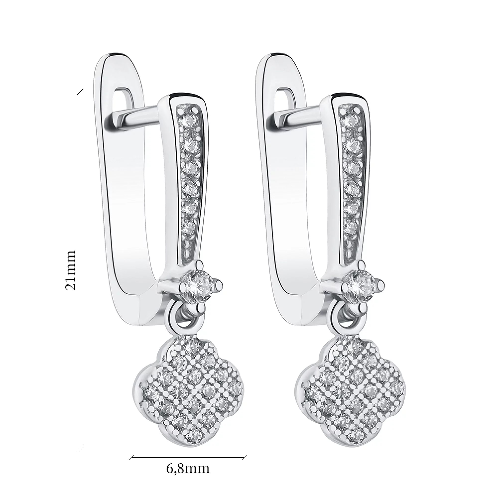 Срібні сережки "Конюшина" з підвіскою та фіанітами  - 1502362 – зображення 2
