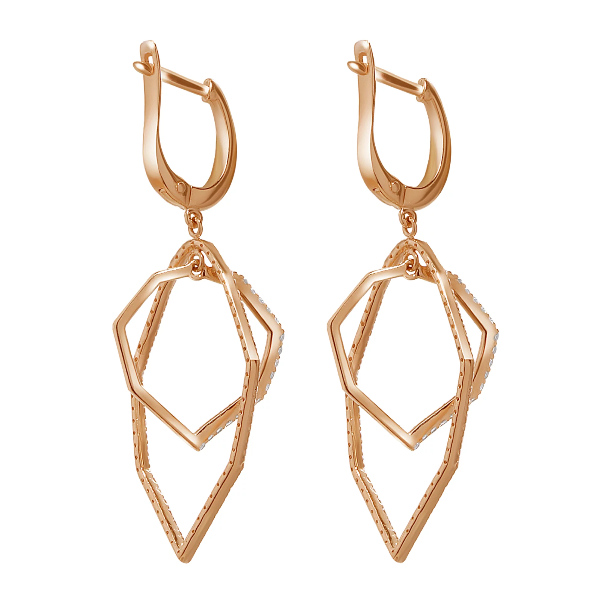 Сережки из красного золота с подвесками с фианитами - 968627 - 2