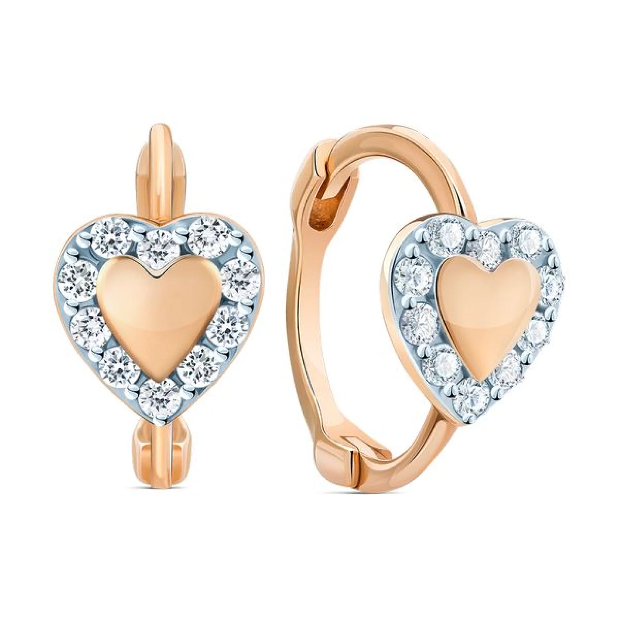 Золотые серьги-кольца "Сердце" с цирконием - 406659 – изображение 1