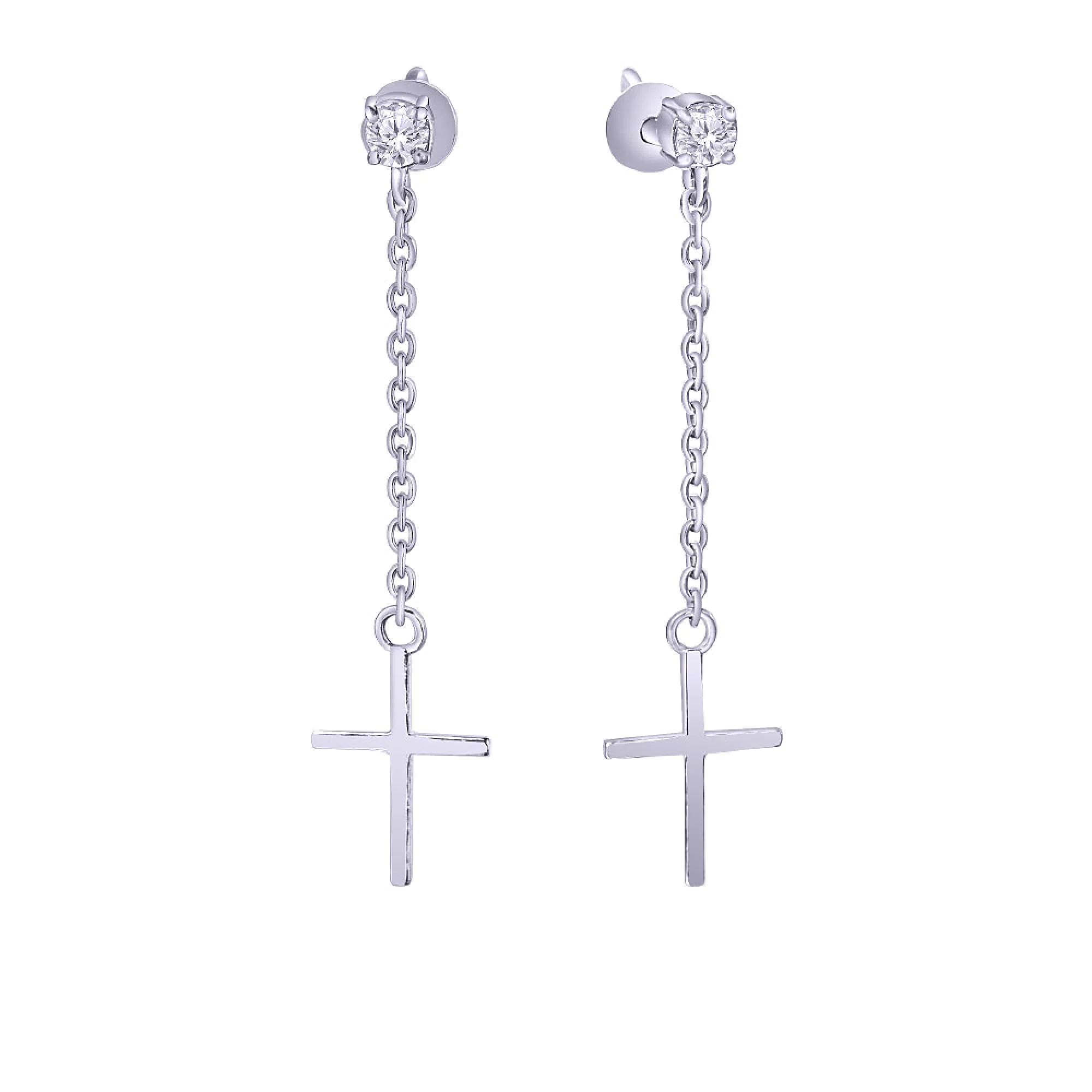 Серебряные серьги-гвоздики с подвесами и фианитом - 411540 – изображение 1