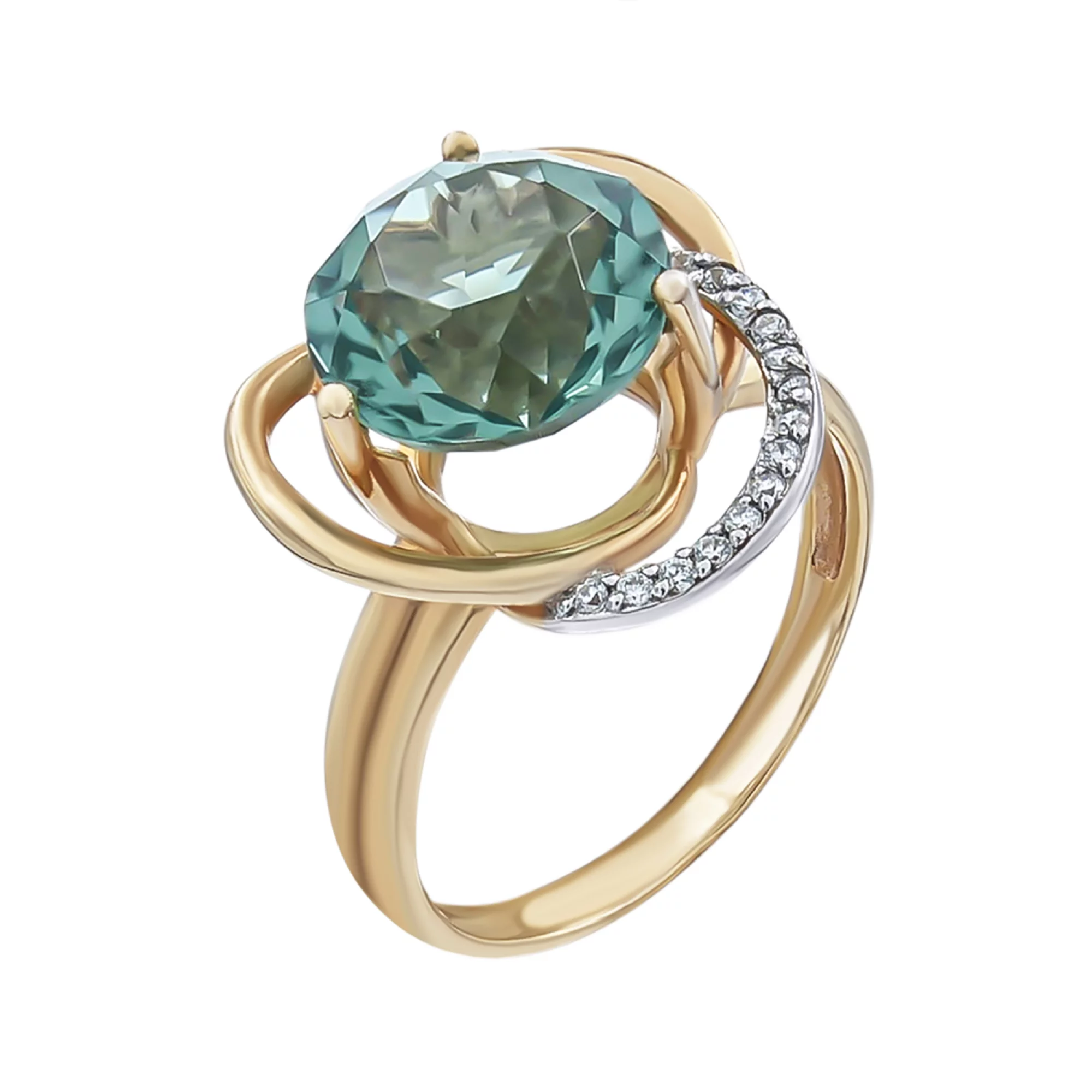 Золотое кольцо с зеленым кварцем и фианитами - 538348 – изображение 1