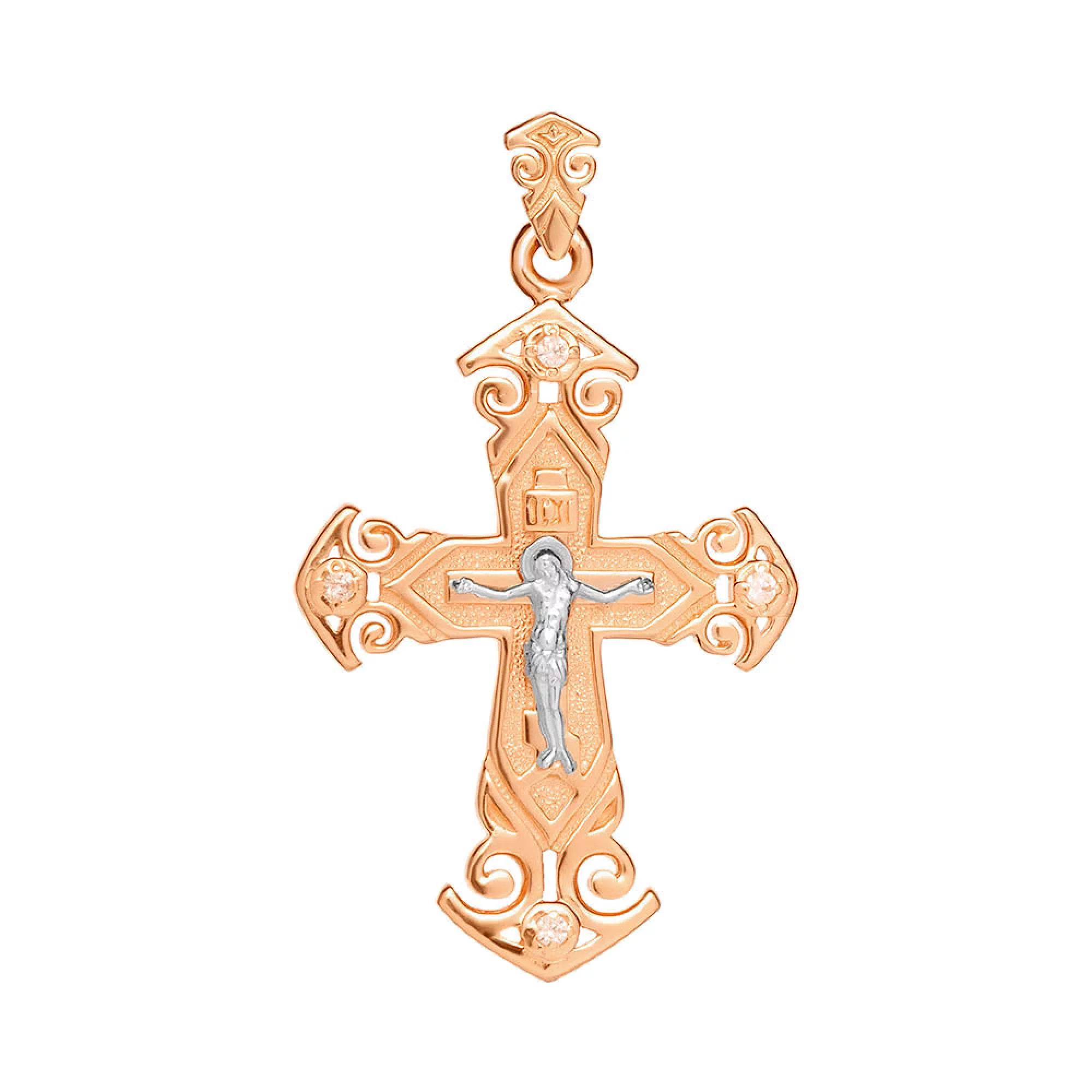Крестик из комбинированого золота с фианитом - 961939 – изображение 1