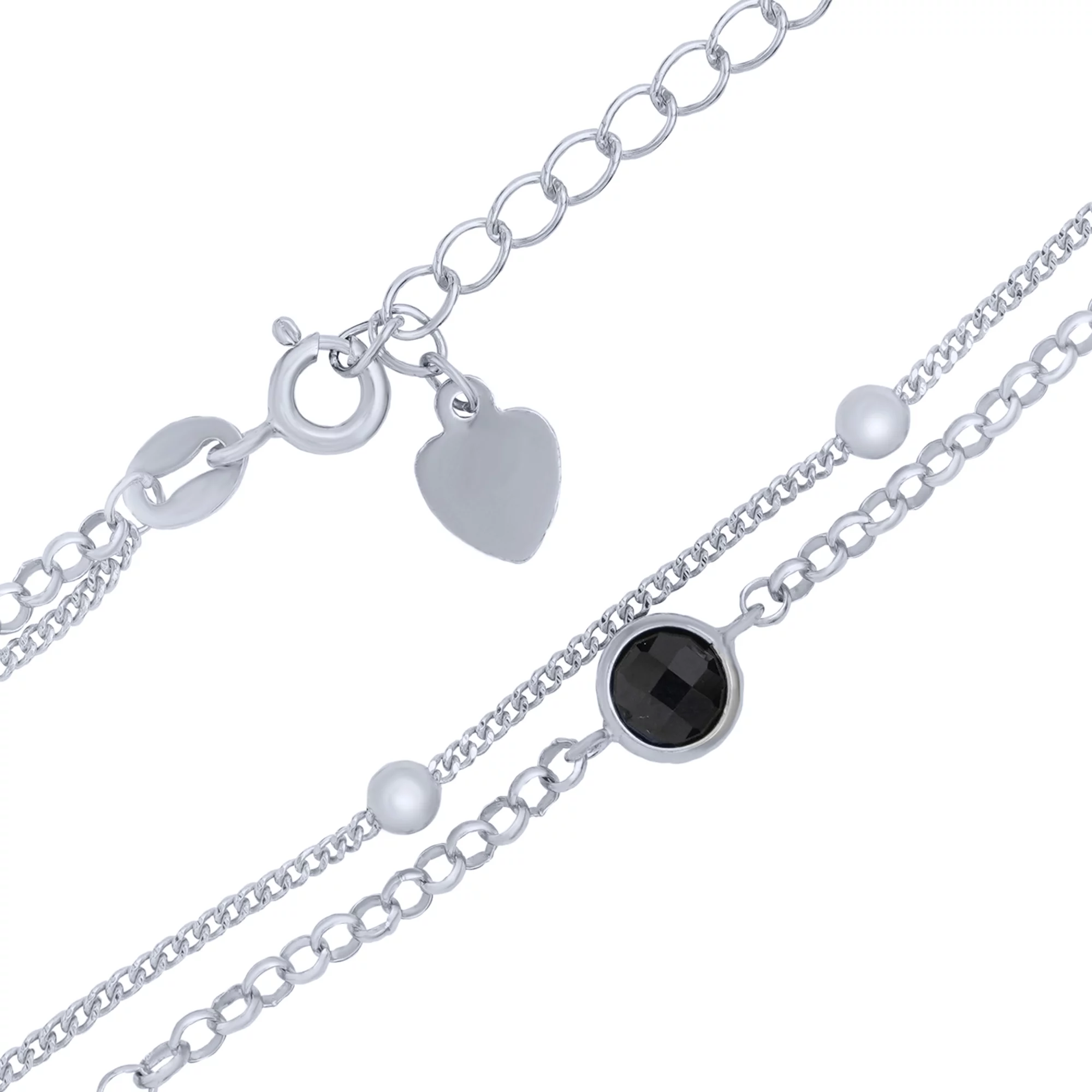 Подвійний срібний браслет з фіанітом і кульками плетіння якір - 1715007 – зображення 2