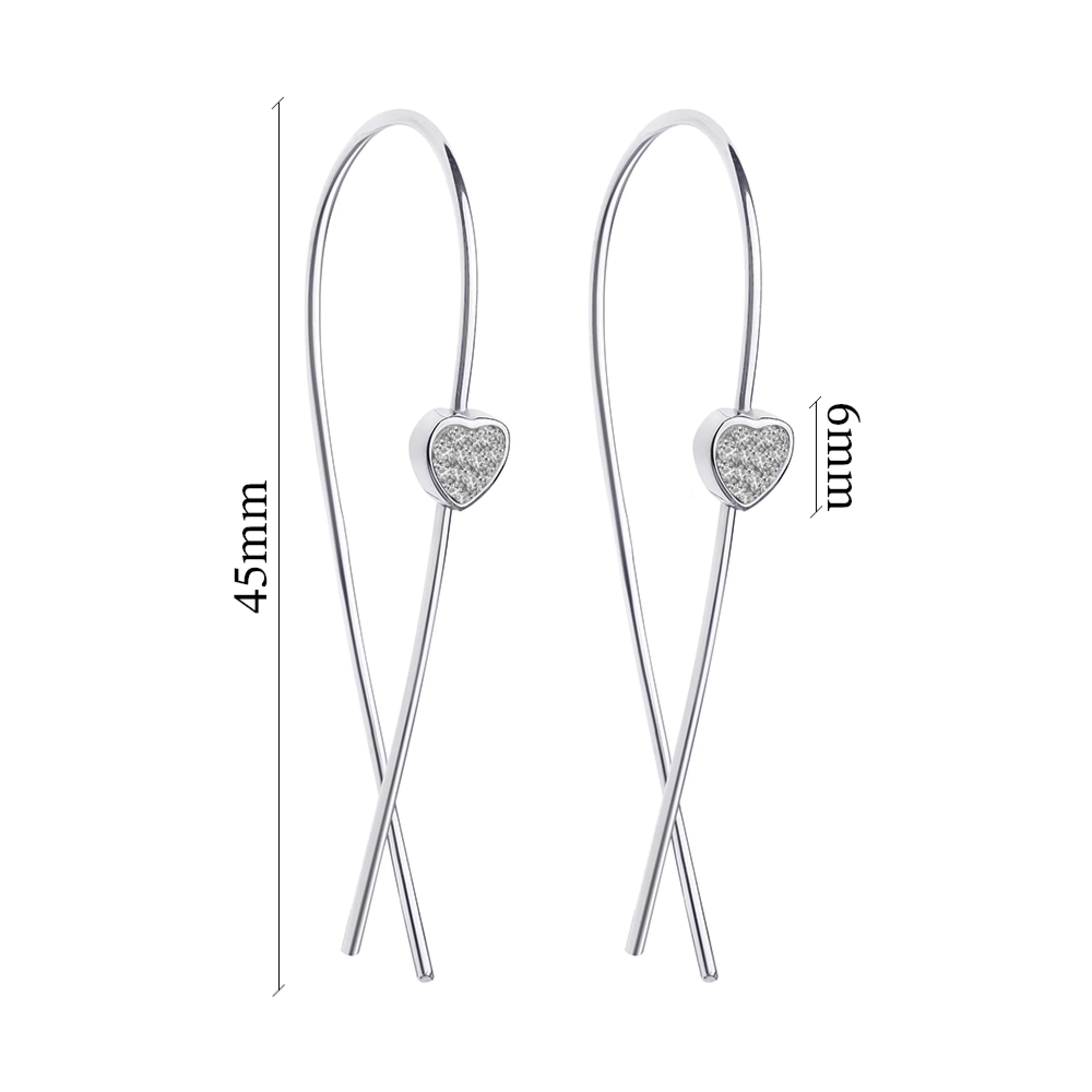 Срібні сережки-петлі сердечко з фіанітами - 1507655 – зображення 2