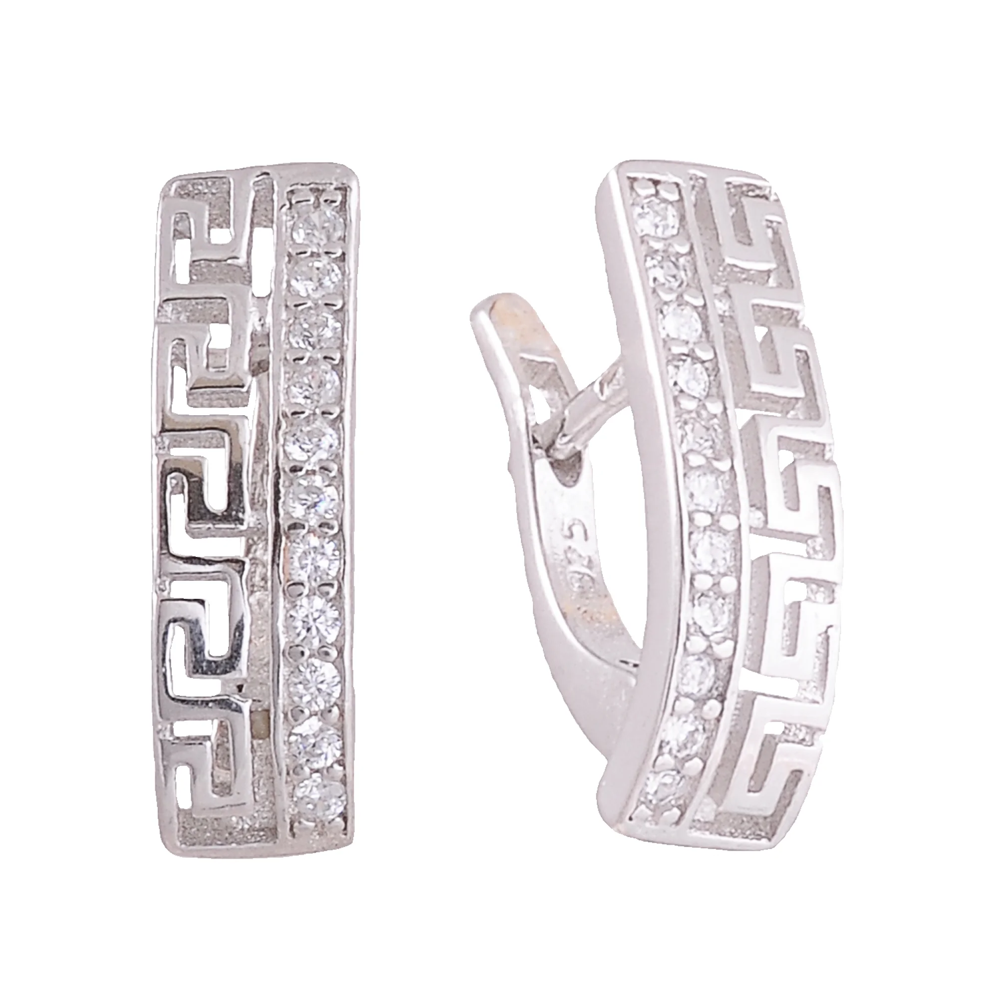 Серебряные серьги с фианитами и узором - 375484 - 1