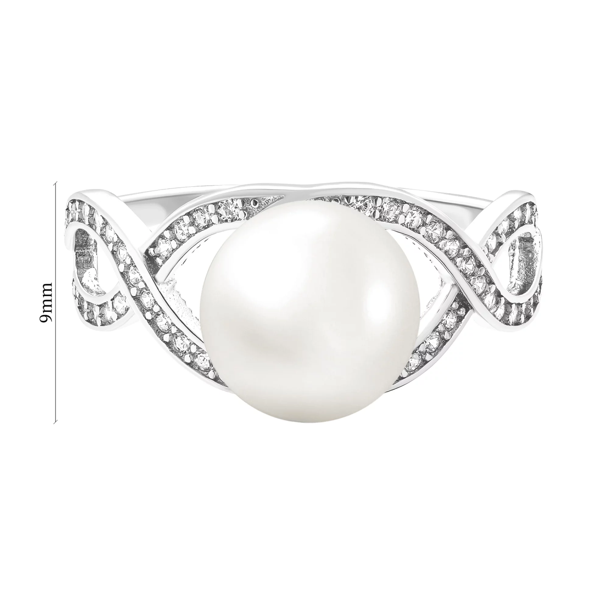 Серебряное кольцо с жемчугом и фианитами "Переплетение" - 1524774 – изображение 3