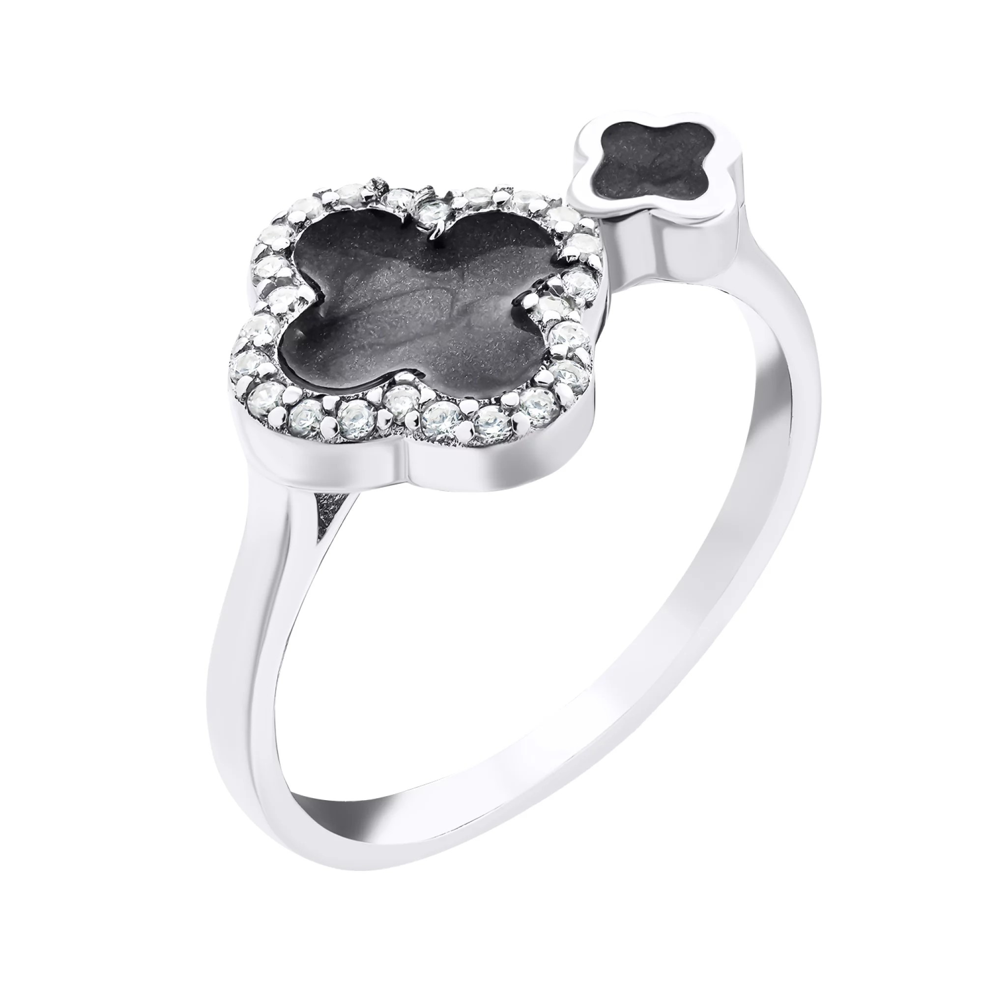 Серебряное кольцо "Клевер" с фианитами и эмалью - 1520496 – изображение 1