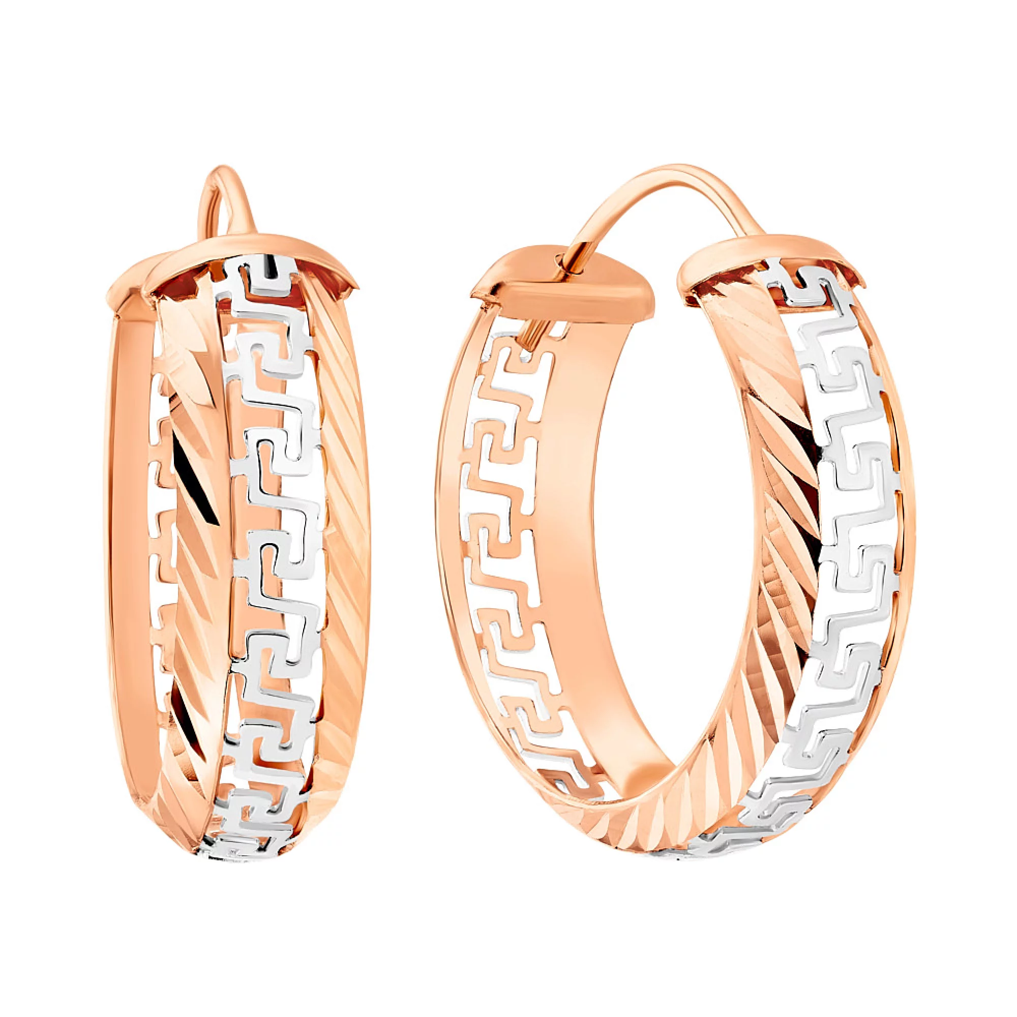 Сережки-кольца из комбинированого золота с греческим узором - 969000 – изображение 1