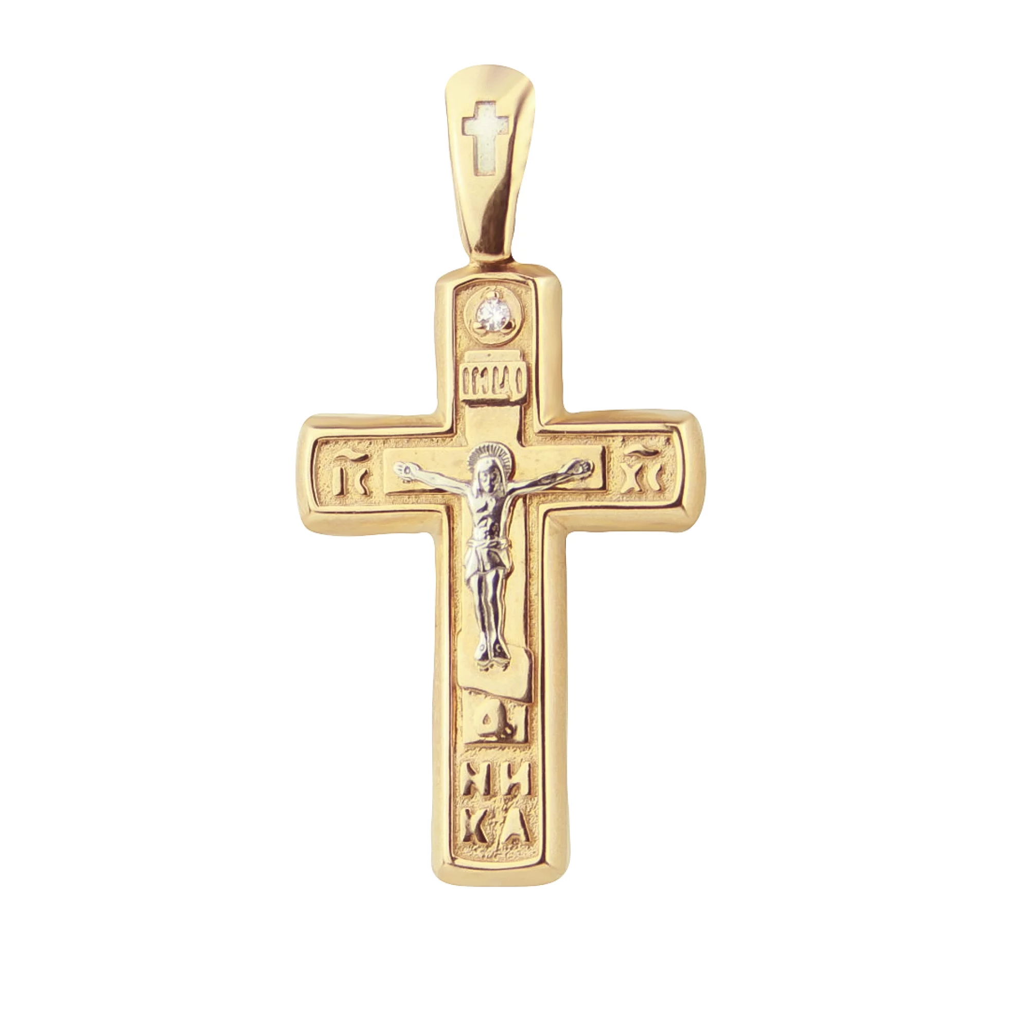 Крестик из комбинированного золота с фианитом - 474586 – изображение 1