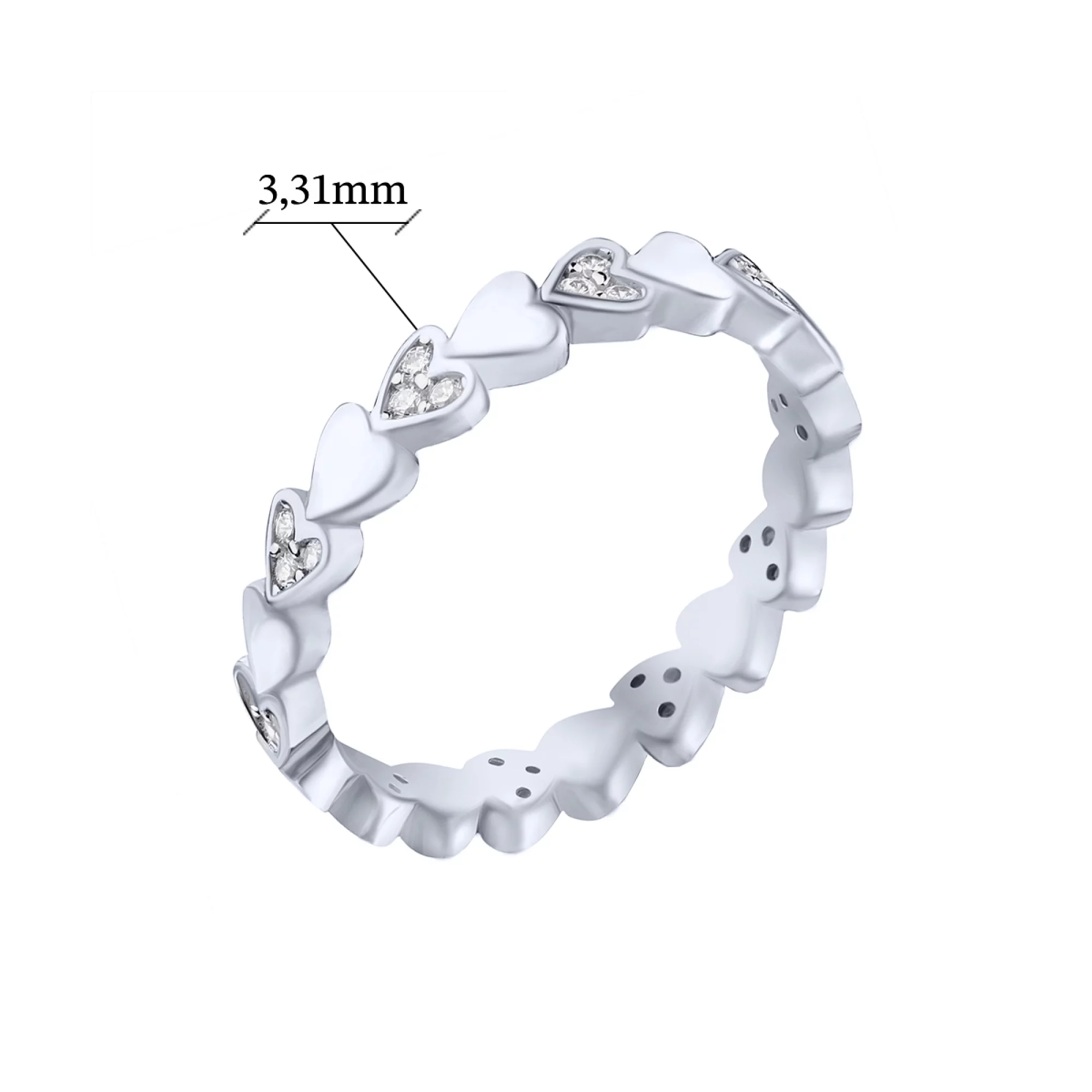 Серебряное кольцо с сердечками и фианитами - 1618172 – изображение 2