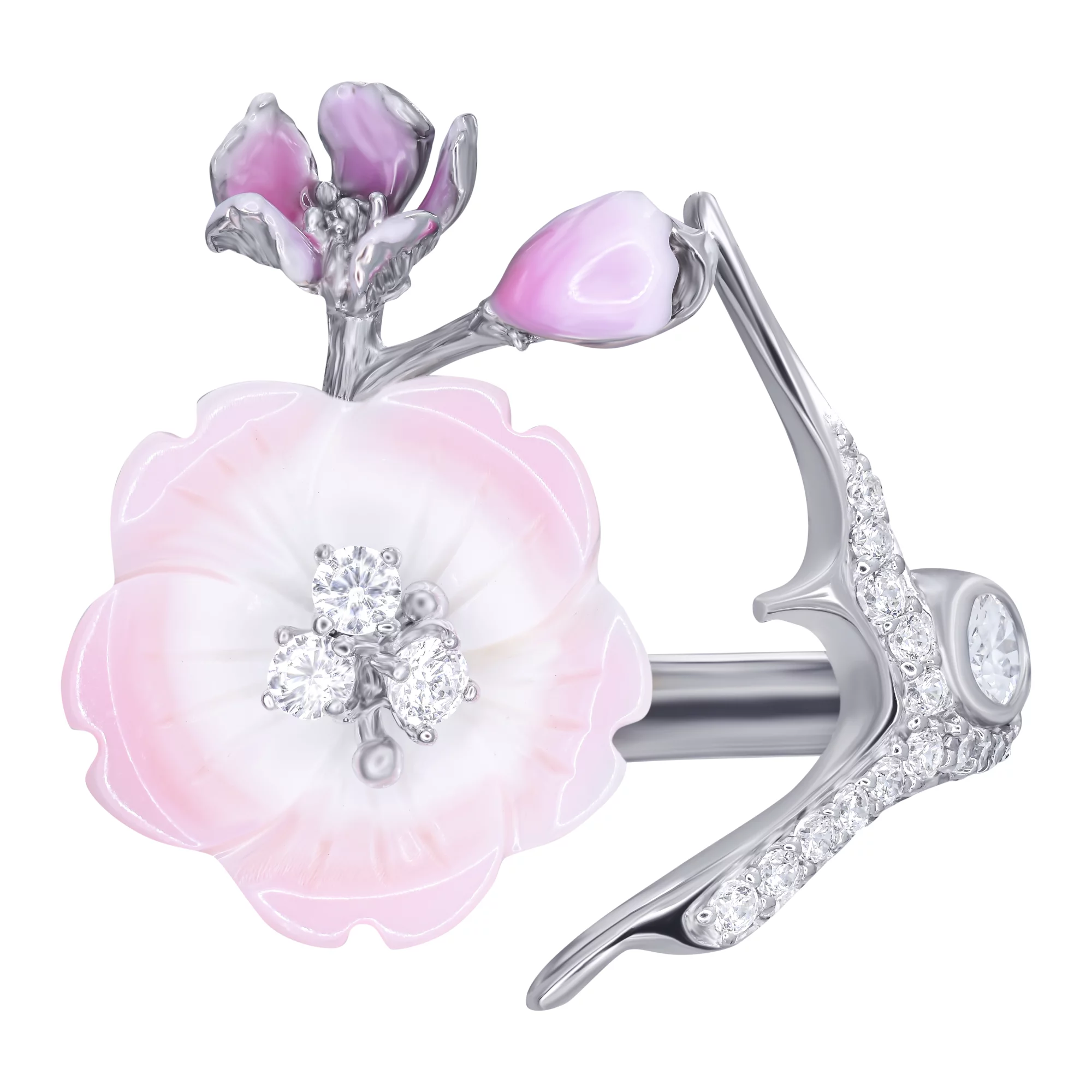 Кольцо серебряное с фианитами,эмалью і кораллом Цветки - 896637 – изображение 2