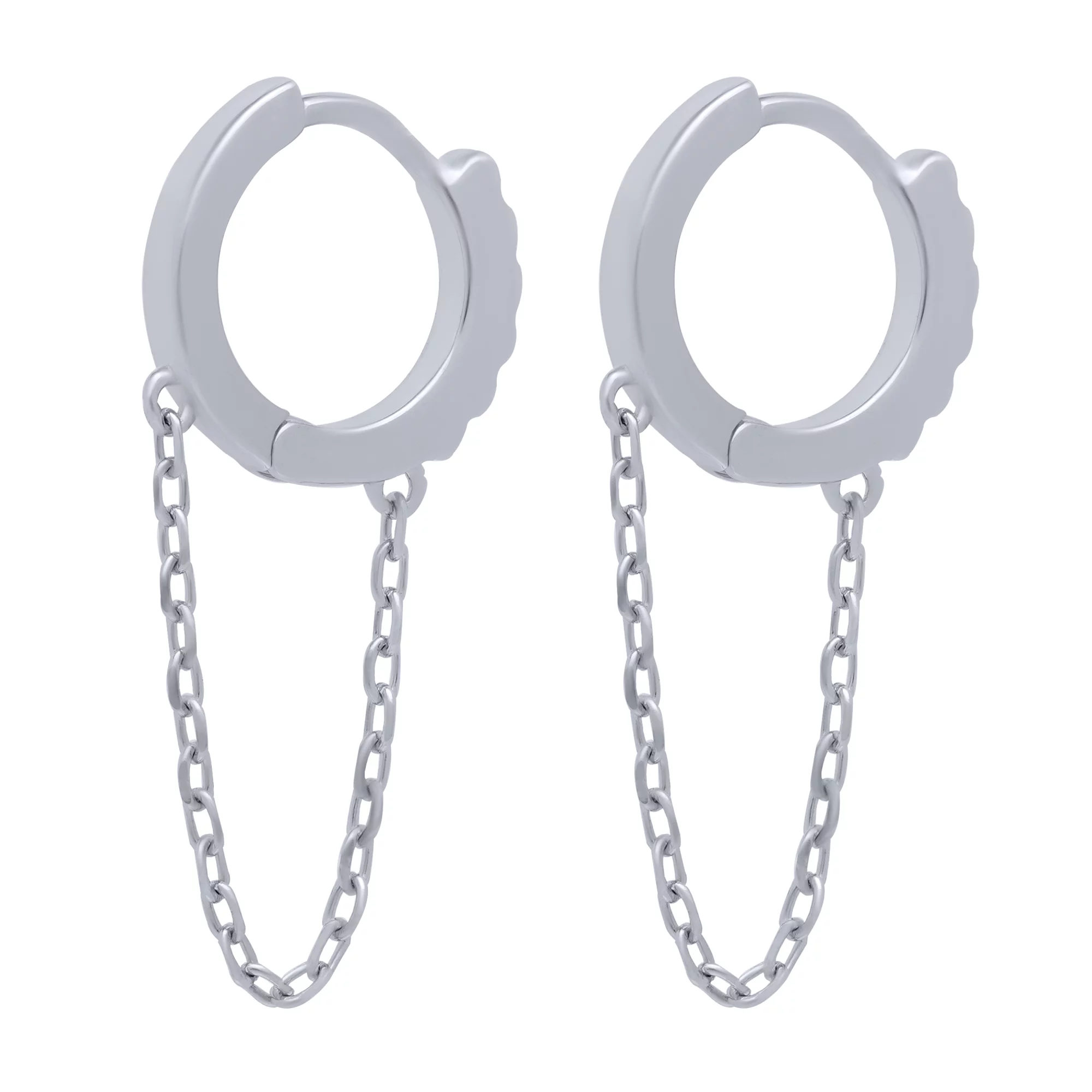 Серьги-кольца серебряные с подвесными цепочками и фианитом - 1683301 – изображение 2