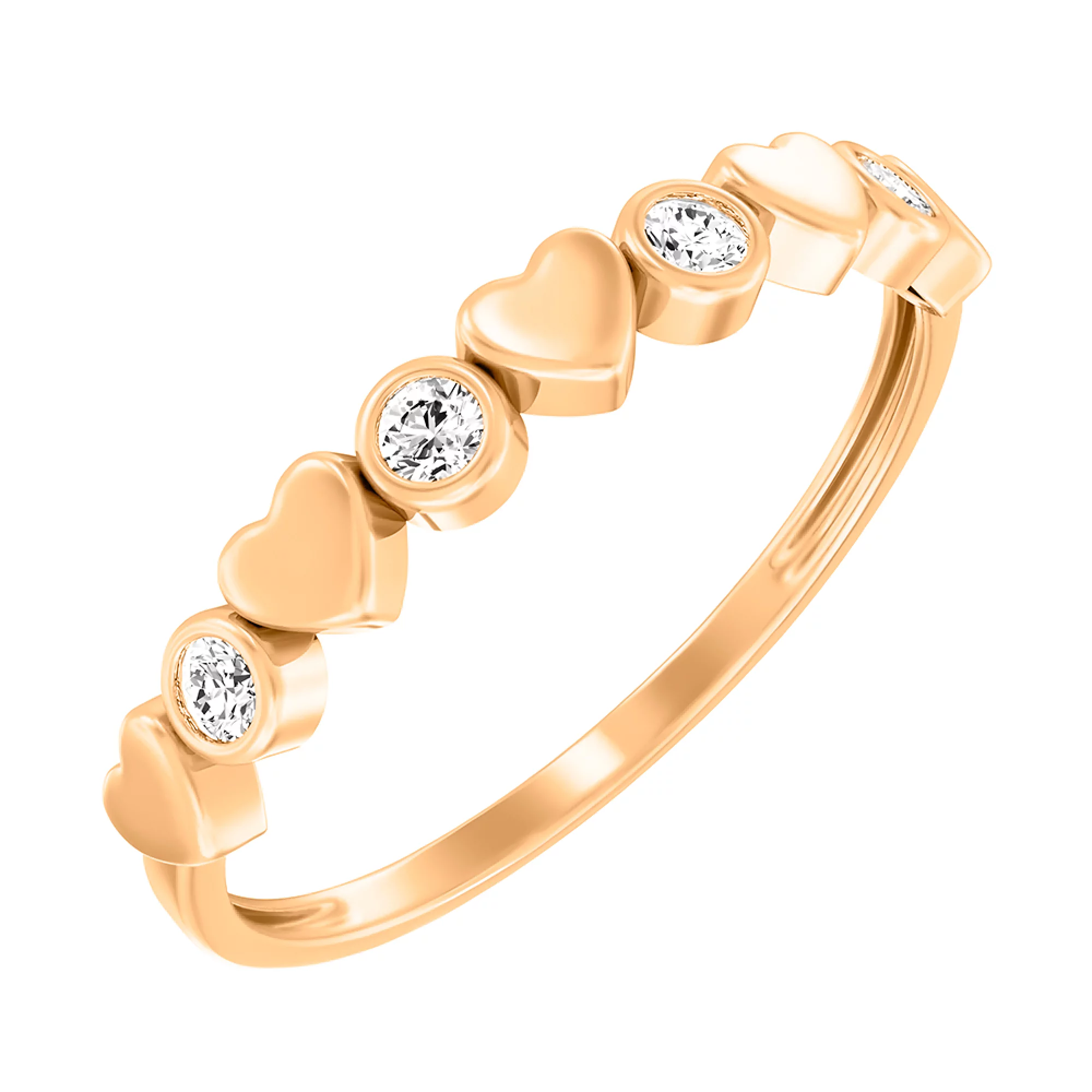 Кольцо "Сердечки" из красного золота с фианитом - 1450771 – изображение 1