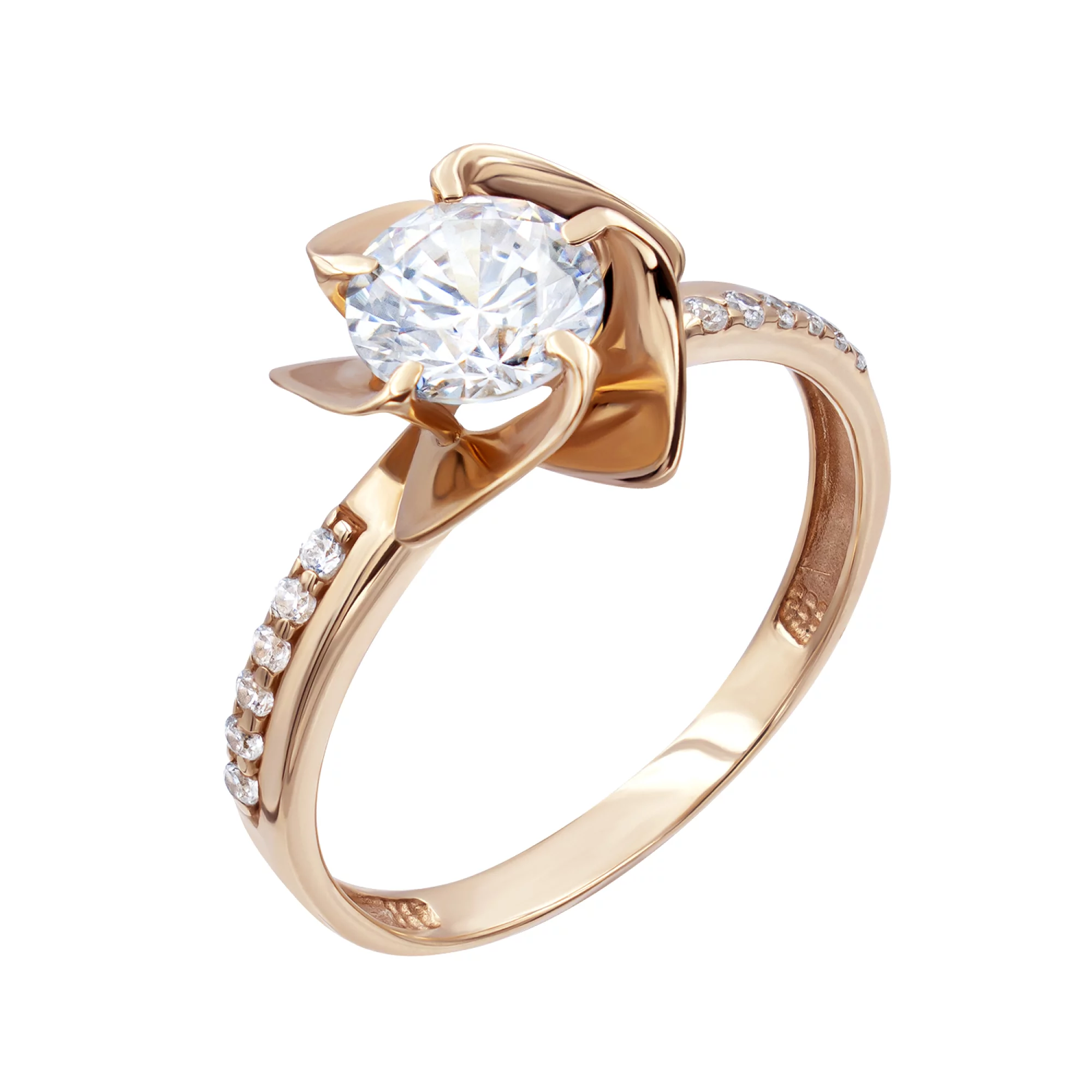 Золотое кольцо с фианитом "Цветок" - 569415 – изображение 1