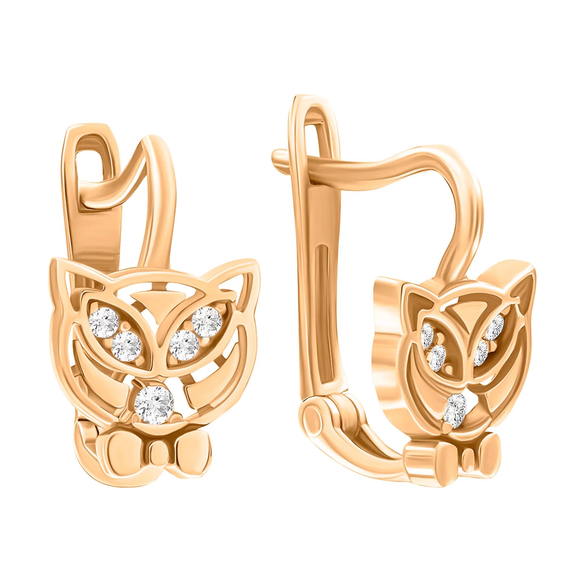 Золоті сережки для дітей "Котик" з фіанітами - 1558992 – зображення 1