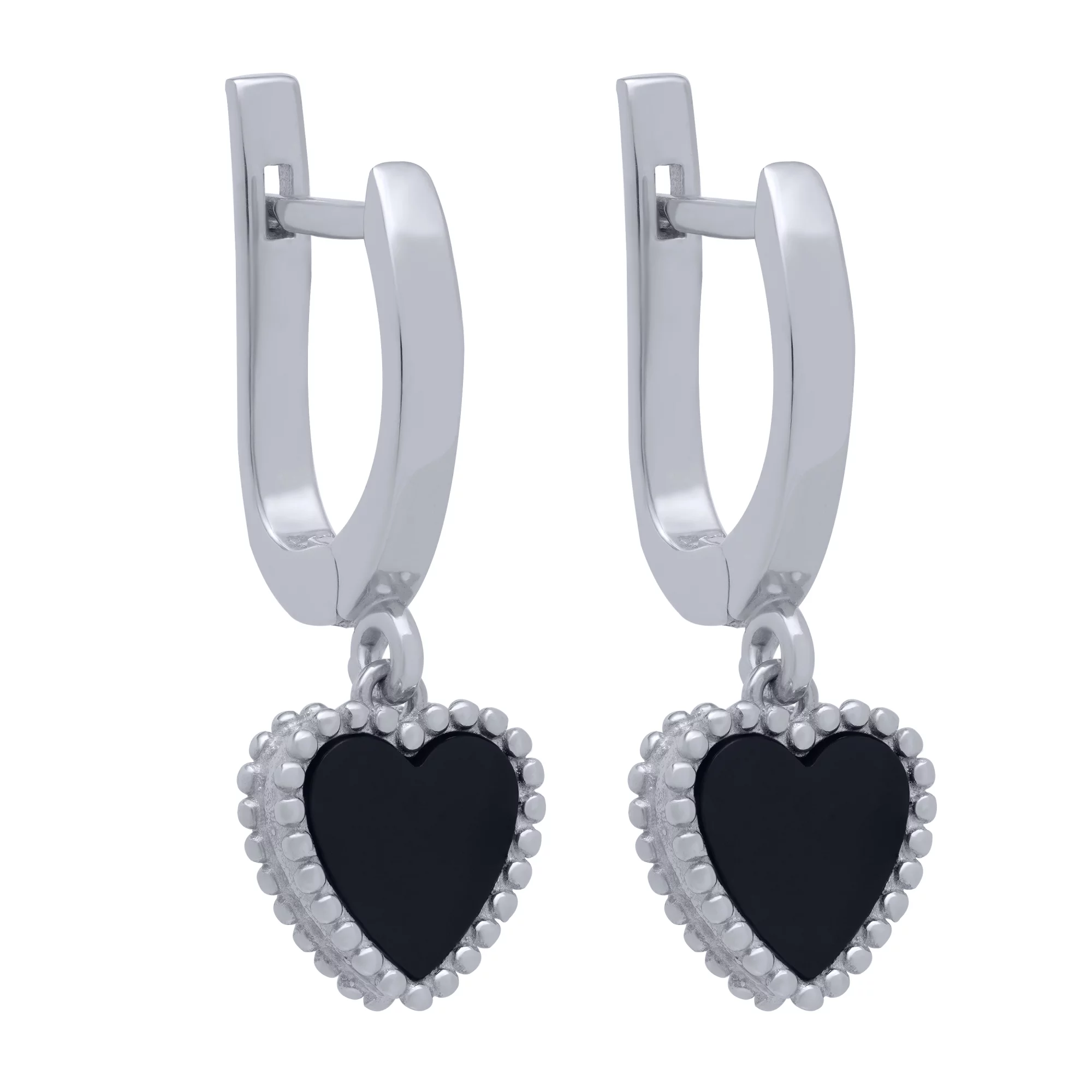 Серебряные серьги с подвесными сердечками с ониксом - 1683253 – изображение 1