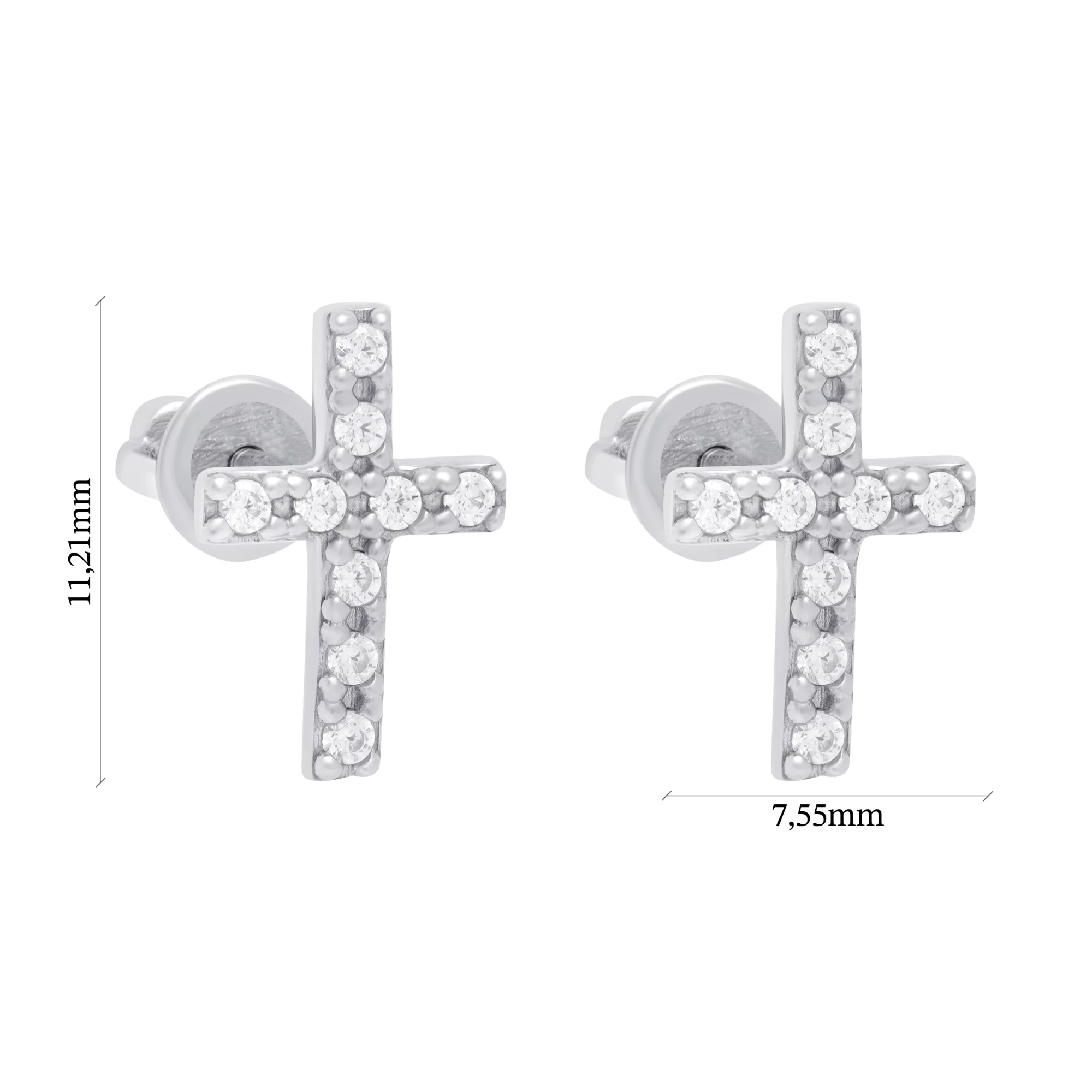 Сережки-гвоздики "Хрестик" срібні з фіанітами - 1669033 – зображення 3
