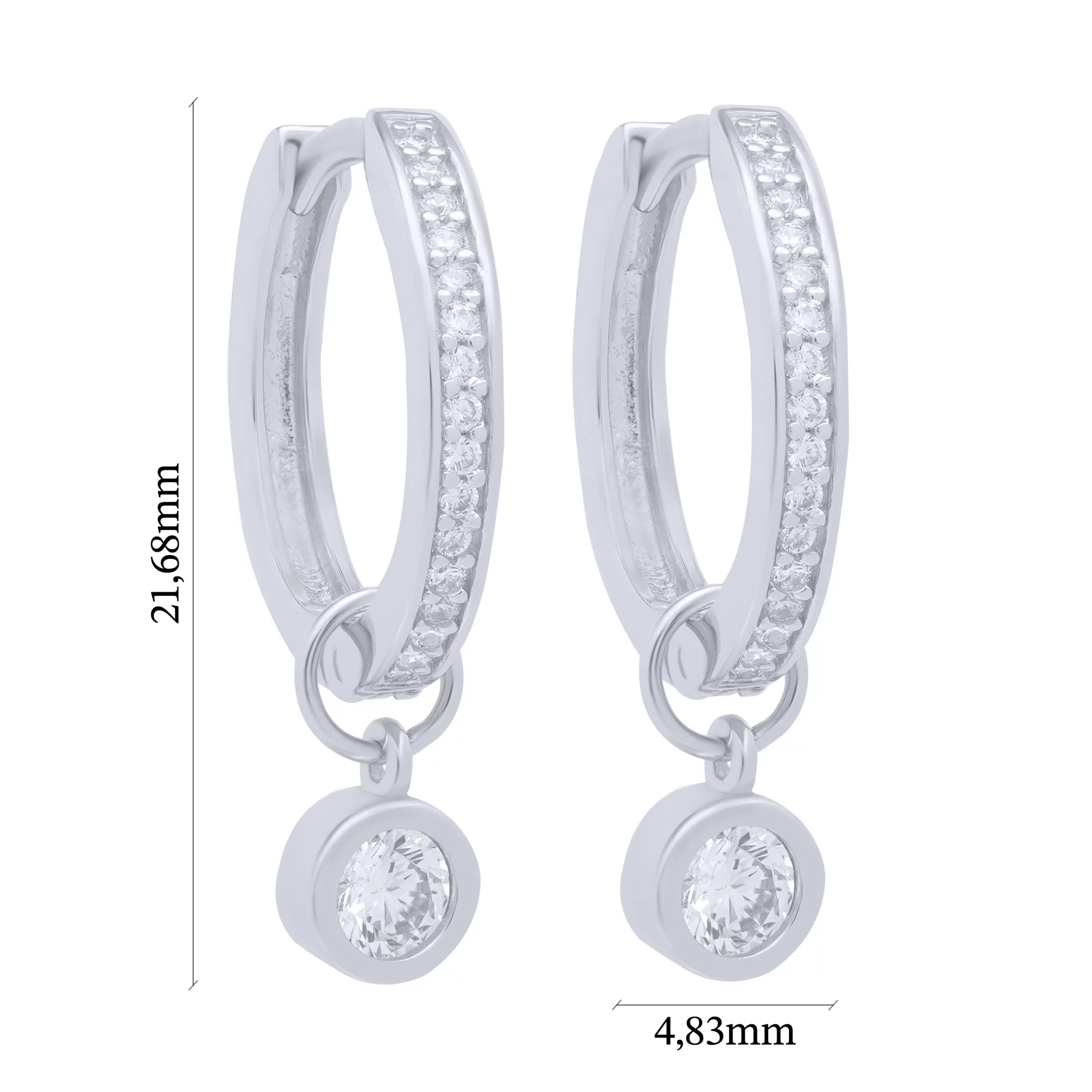 Срібні сережки-кільця з підвіскою та фіанітами - 1683251 – зображення 3