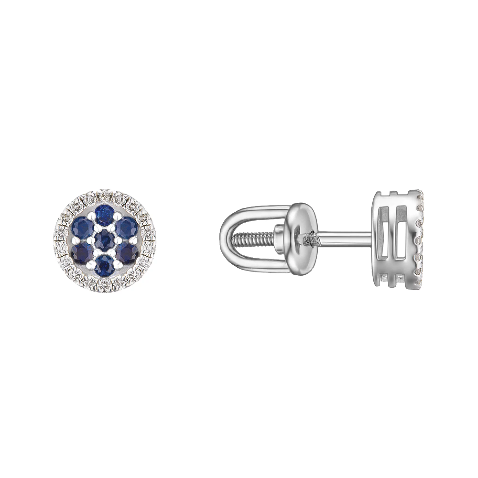 Сережки-гвоздики з білого золота з діамантами і сапфірами - 971646 – зображення 1