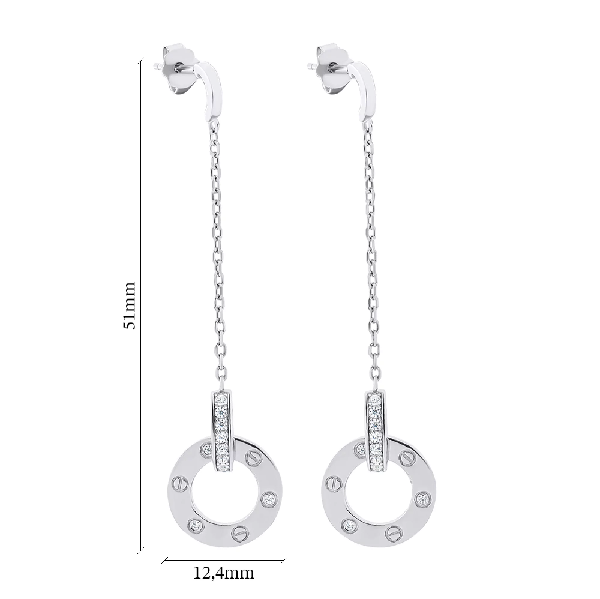 Серьги-гвоздики из серебра с подвесами и фианитами "Love" - 1502403 – изображение 3