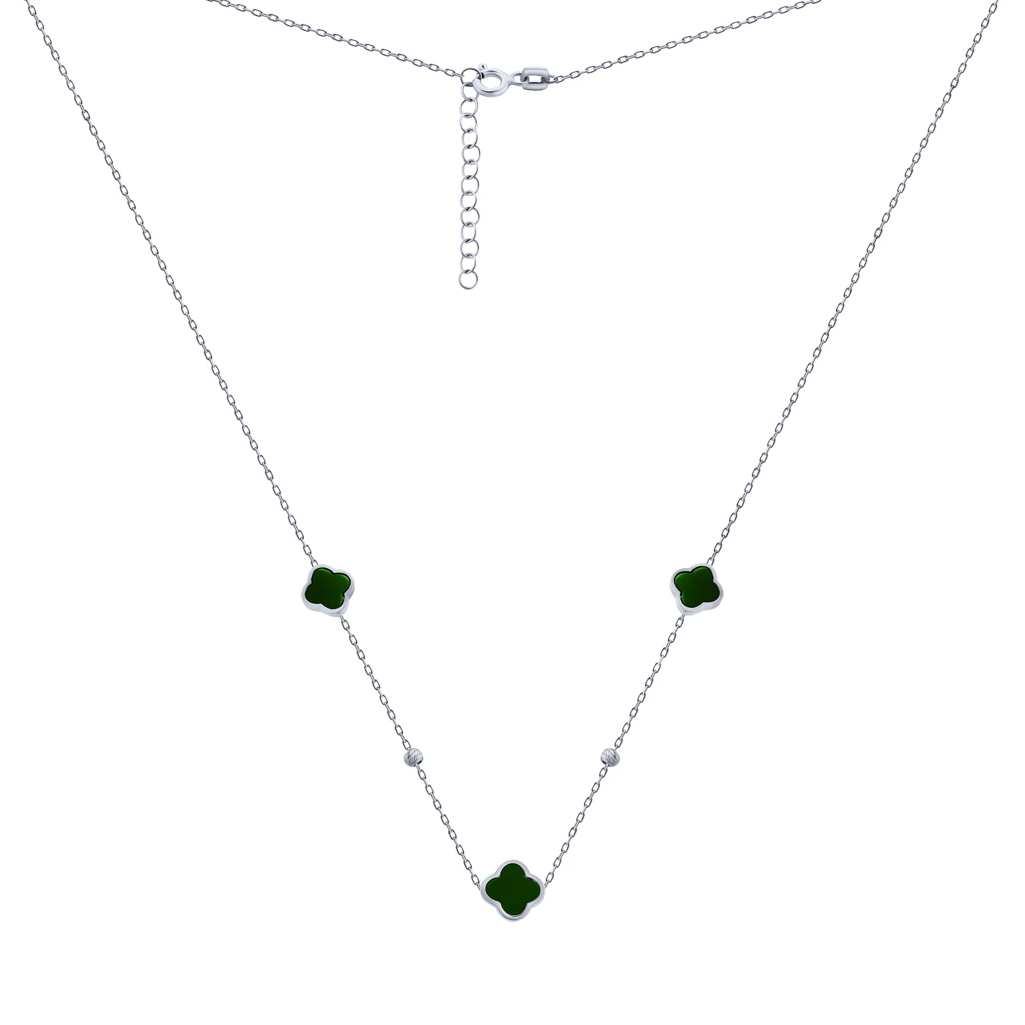 Серебряное колье с подвесами "Клевер" из оникса в якорном плетении - 2085049 - 2