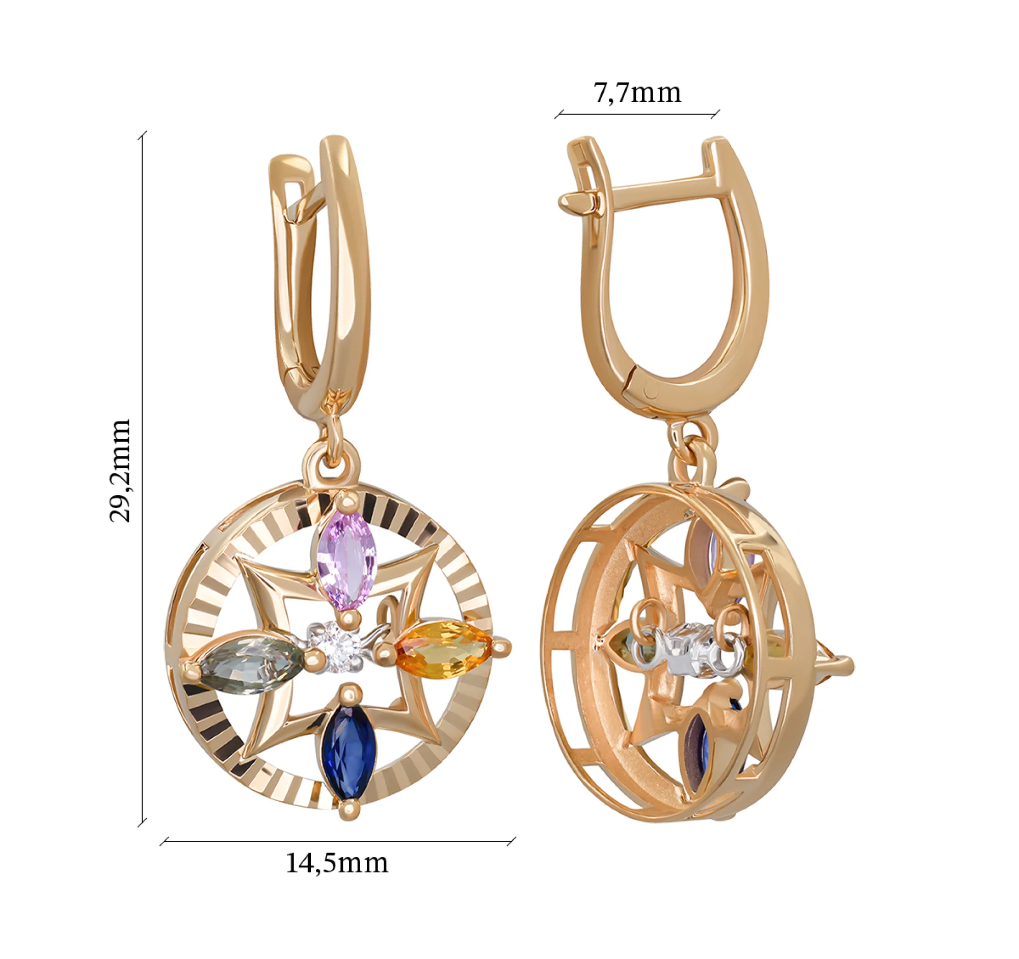 Сережки из красного золота с подвесами с бриллиантами и сапфирами - 897041 - 3