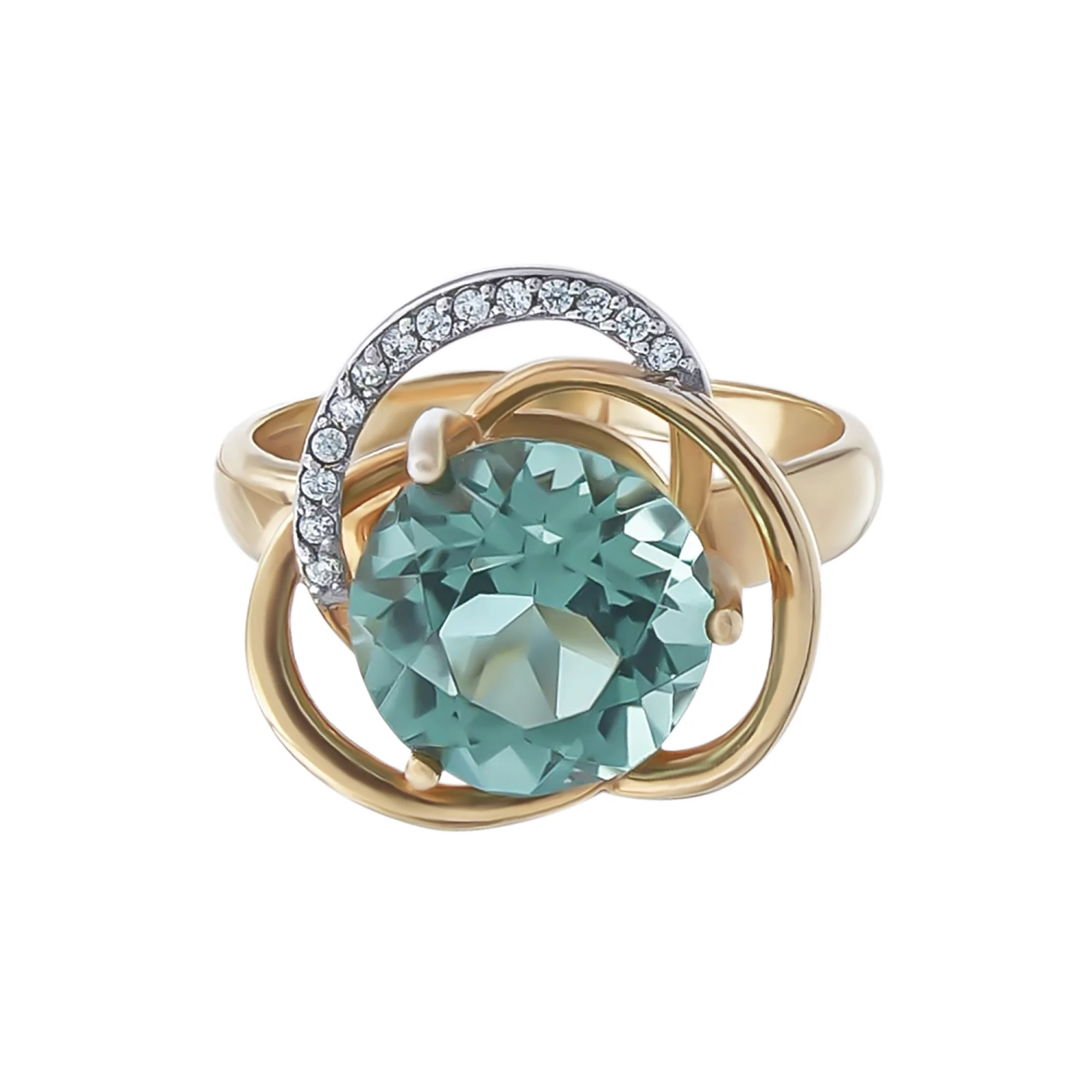Золотое кольцо с зеленым кварцем и фианитами - 538348 – изображение 2