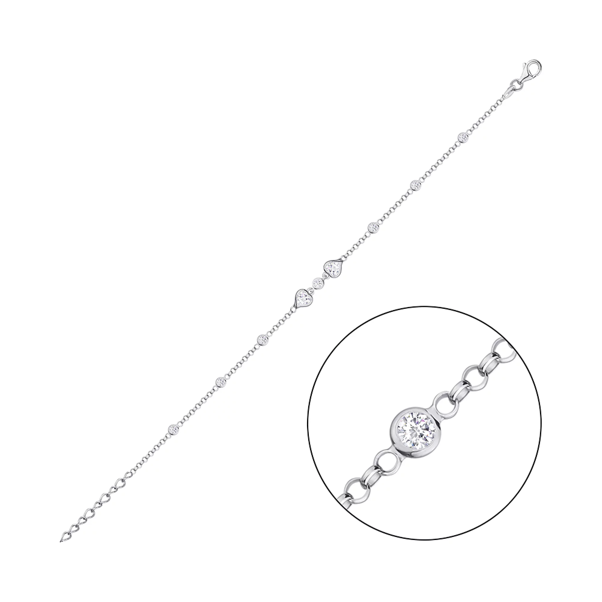 Срібний браслет Сердечка з фіанітом плетіння Якір - 1315280 – зображення 2