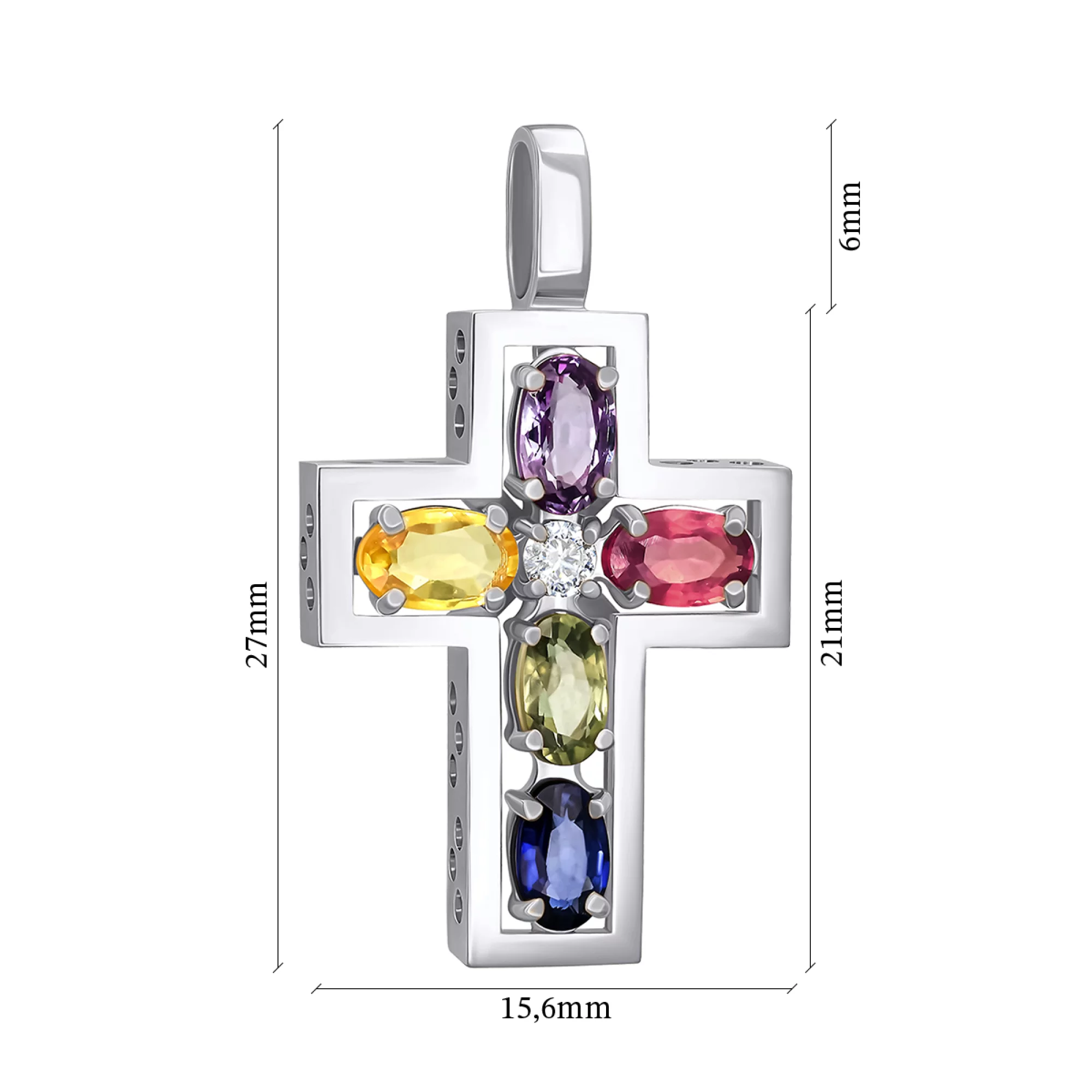 Крестик из белого золота с бриллиантом и разноцветными сапфирами - 897038 – изображение 2