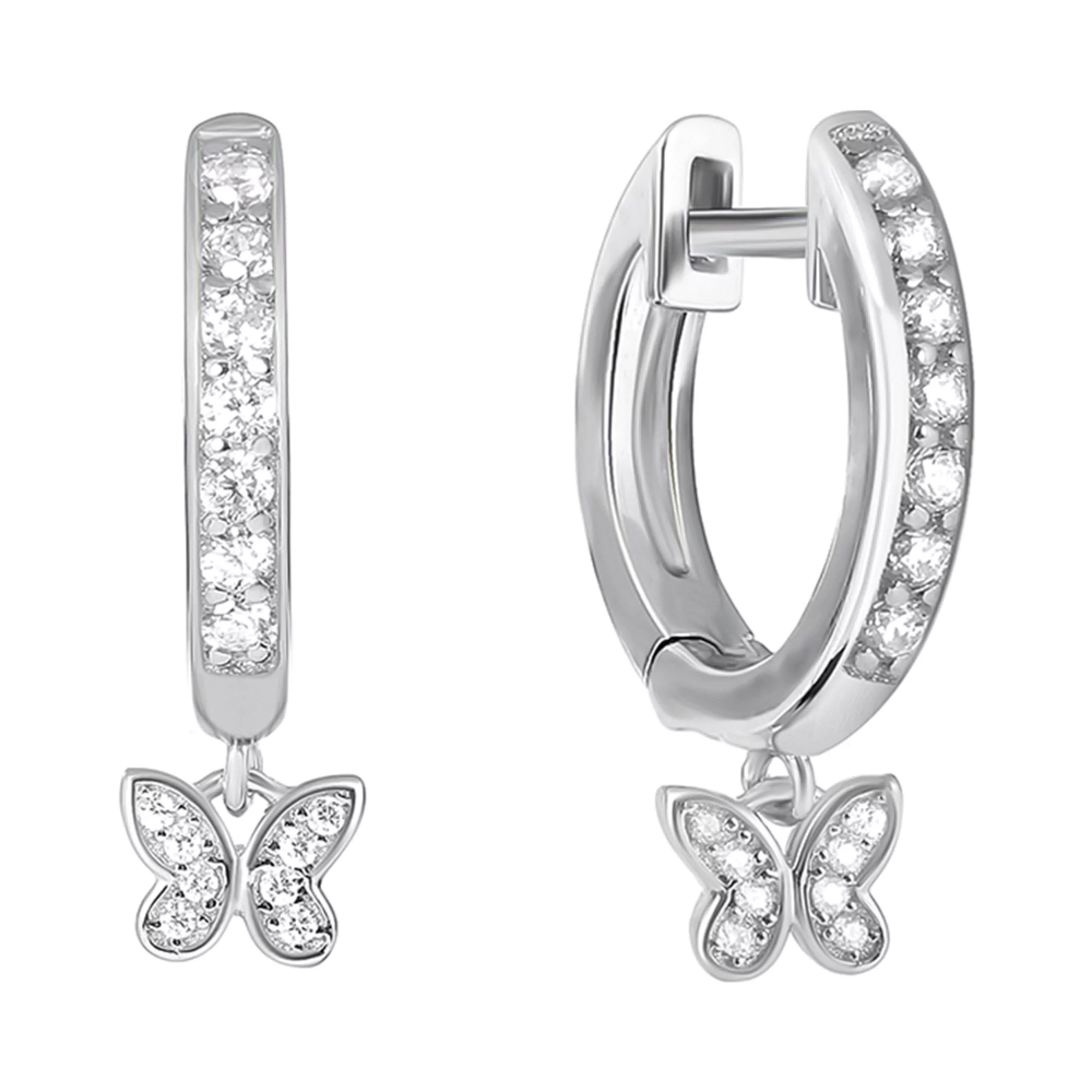 Сережки-кільця зі срібла з підвіскою "Метелик" та фіанітами  - 1507681 – зображення 1