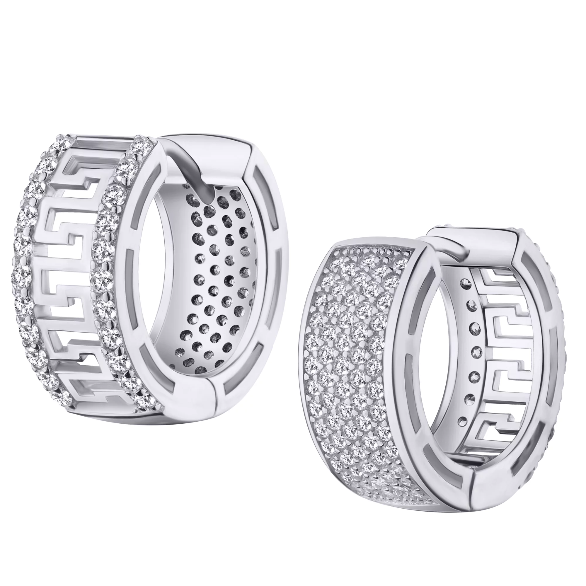 Сережки-кольца серебряные с греческим узором и фианитом - 375470 – изображение 1
