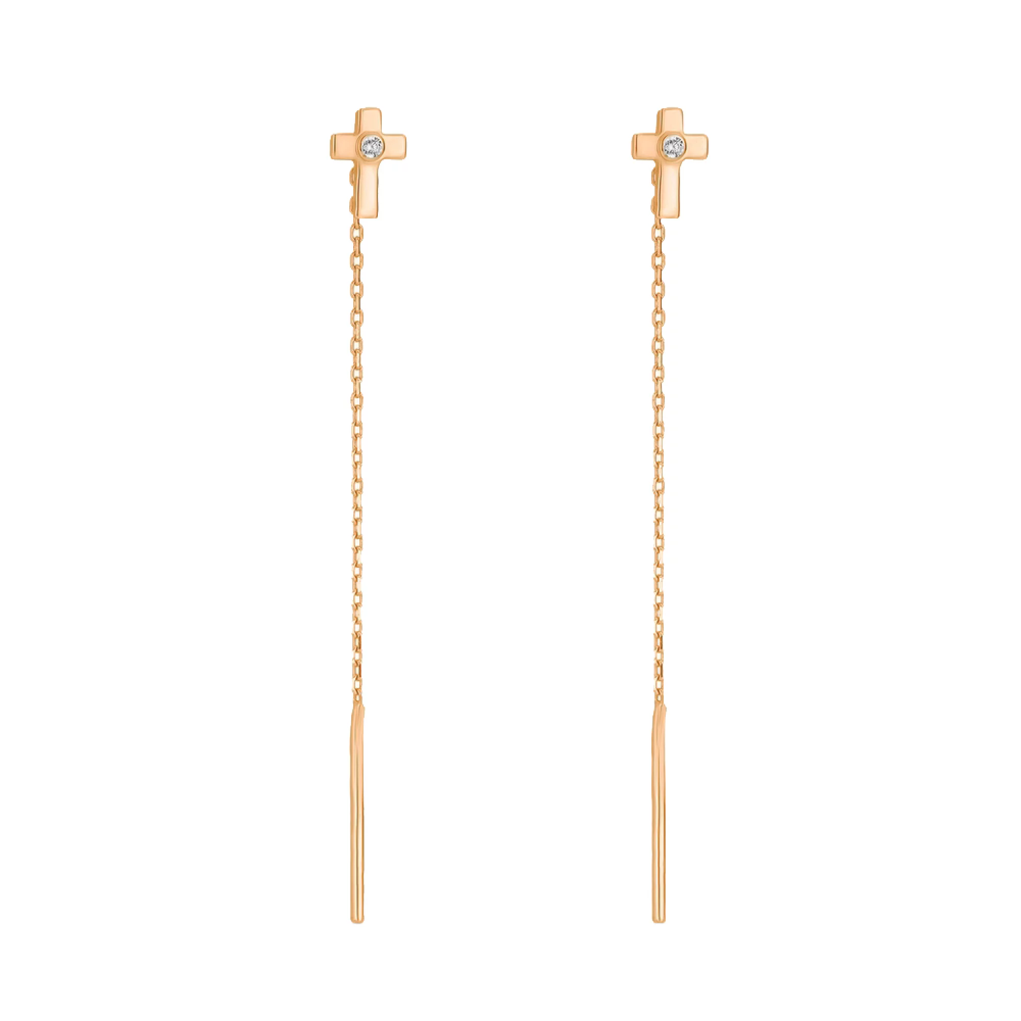 Сережки-протяжки из красного золота с фианитом - 947797 – изображение 1