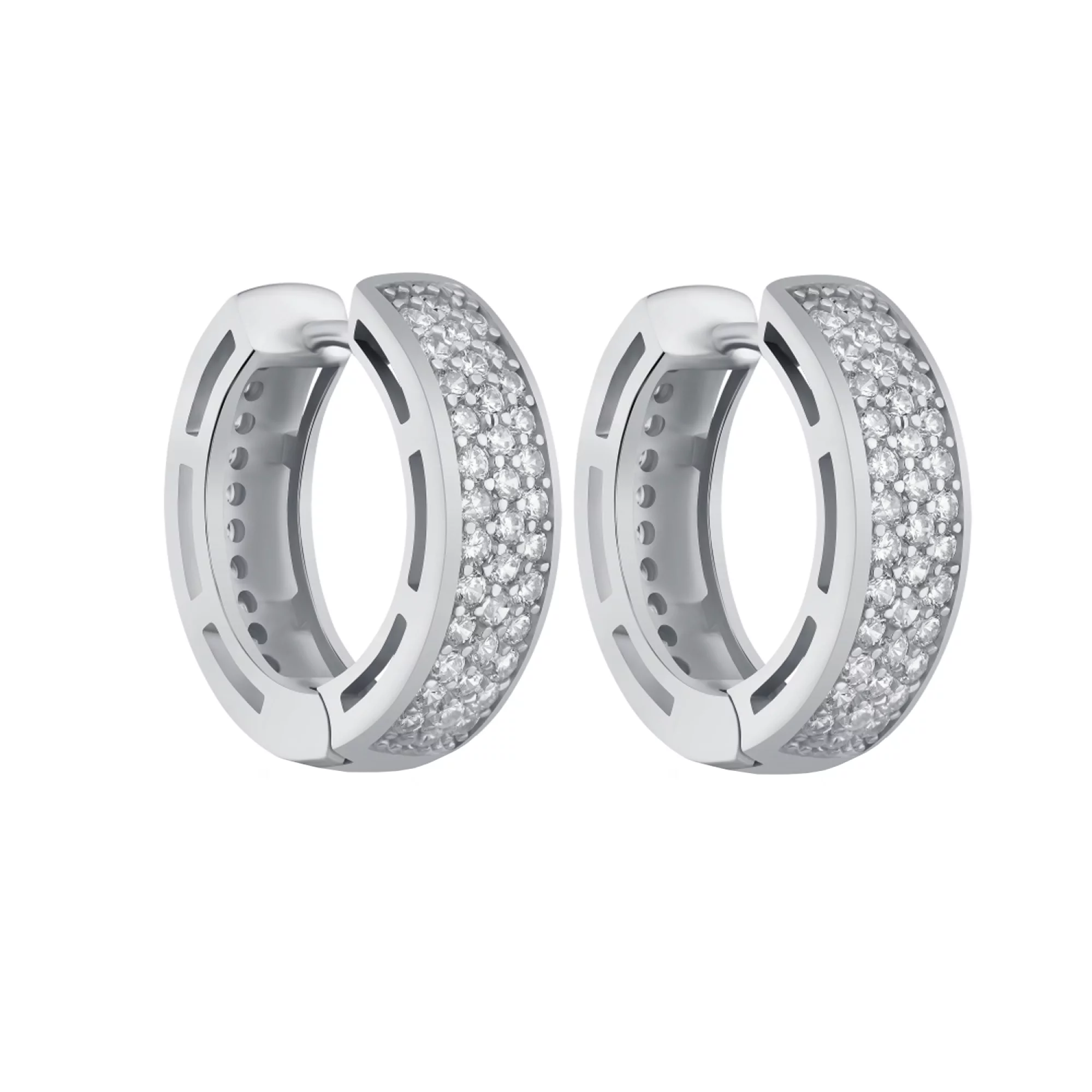 Сережки-кільця з розсипом фіанітів у сріблі - 1572436 – зображення 1