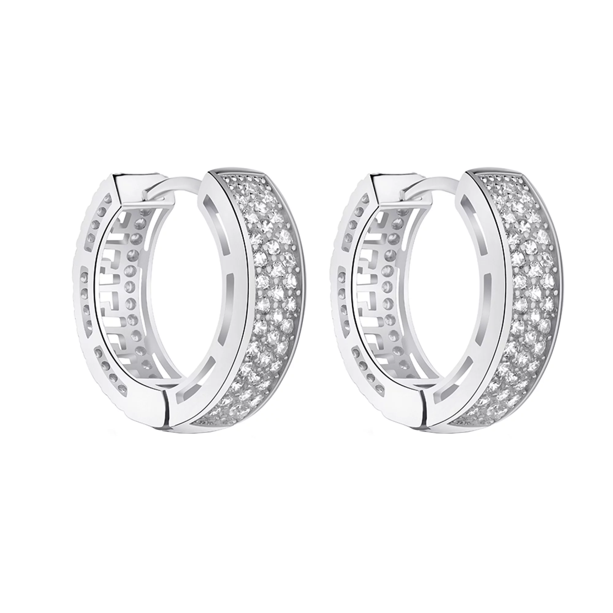 Срібні двосторонні сережки-кільця з фіанітами  - 1572435 – зображення 2