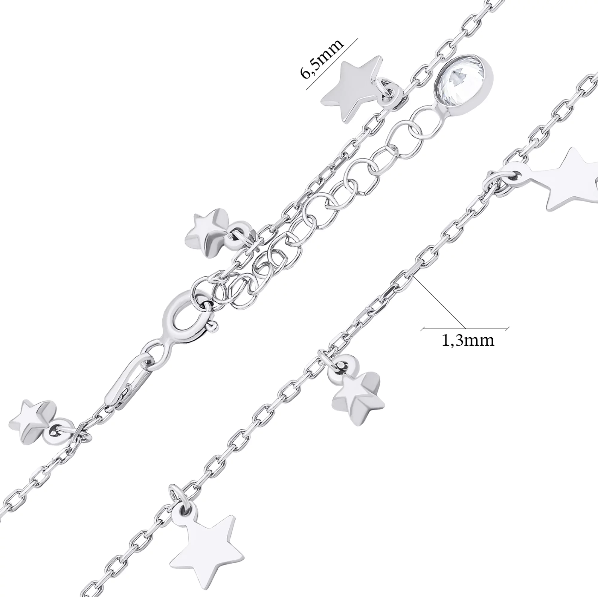 Срібний браслет з підвісками "Зірочки" та фіанітом плетіння якір - 1521330 – зображення 3