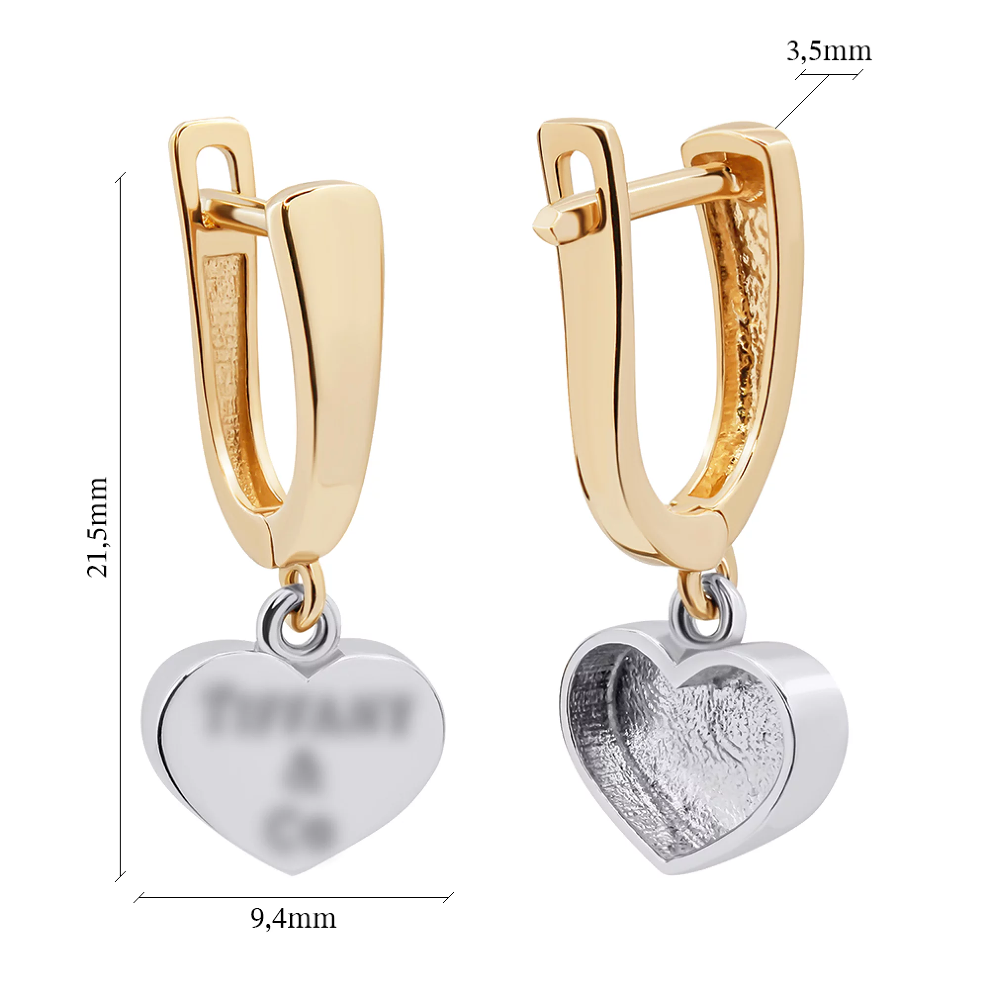 Сережки из комбинированого золота с подвесами "Сердечки" - 1337850 – изображение 3