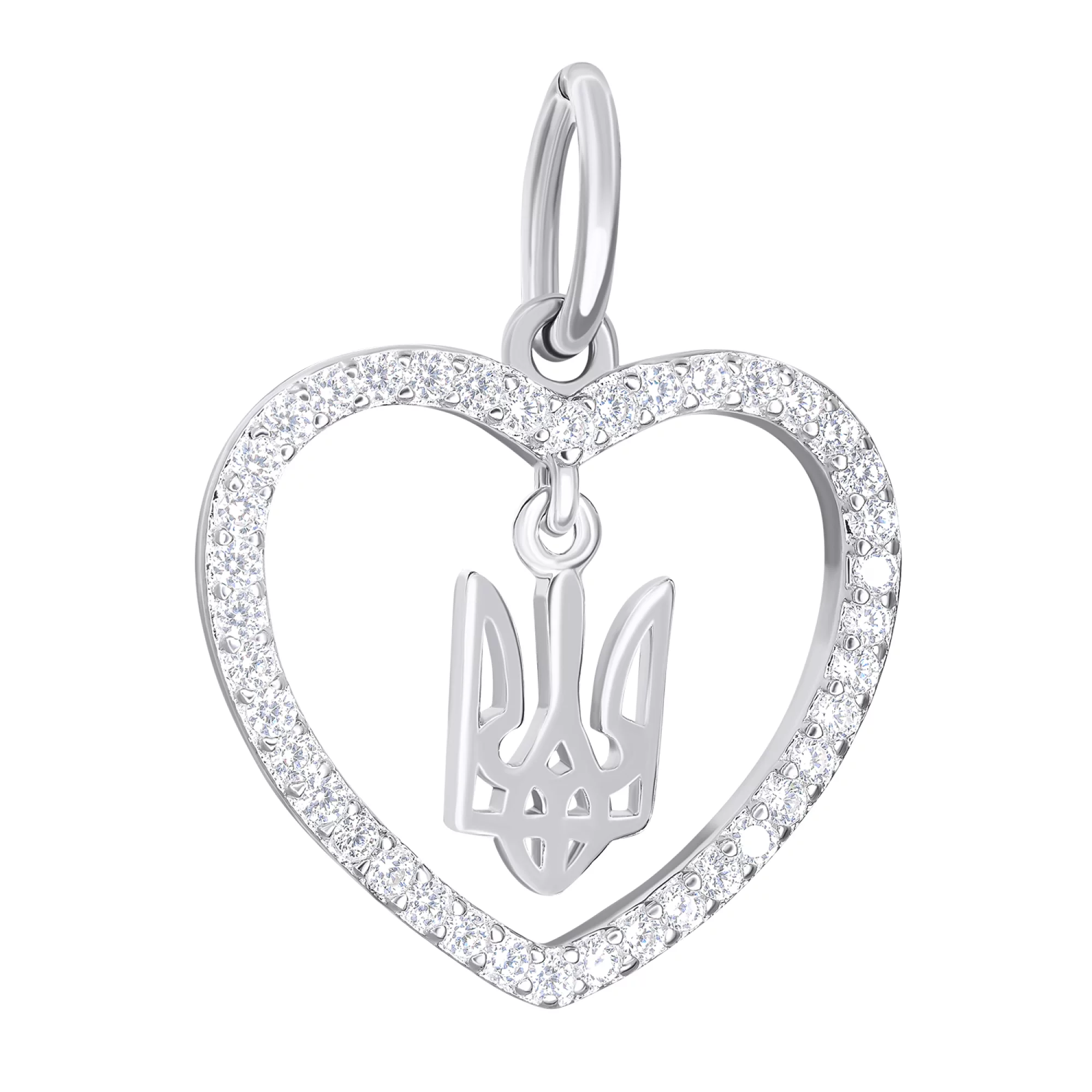 Підвіска тризуб-"Герб України" у серці з фіанітами зі срібла - 1501483 – зображення 1