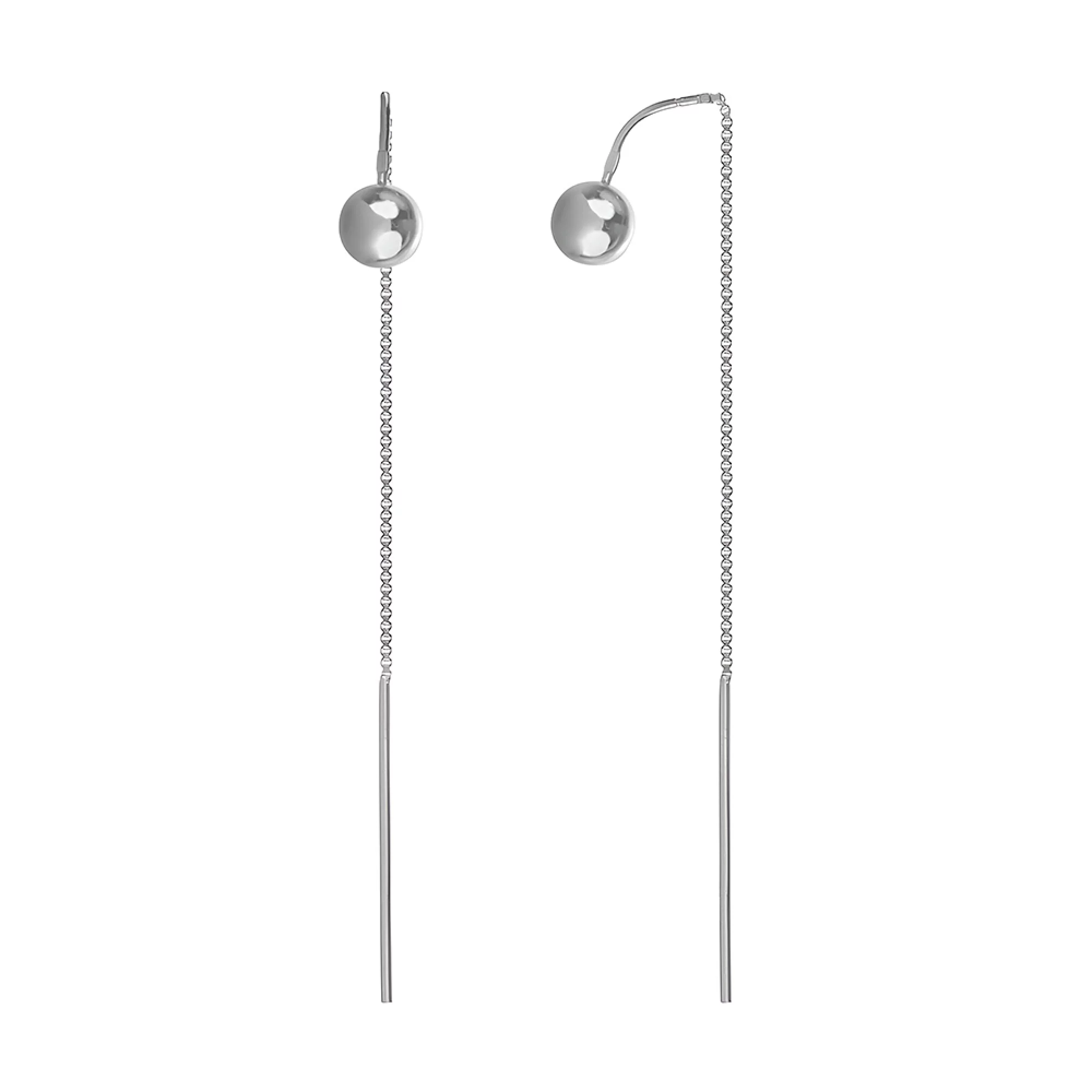 Срібні сережки-протяжки у формі кулі з родіюванням - 1542877 – зображення 1