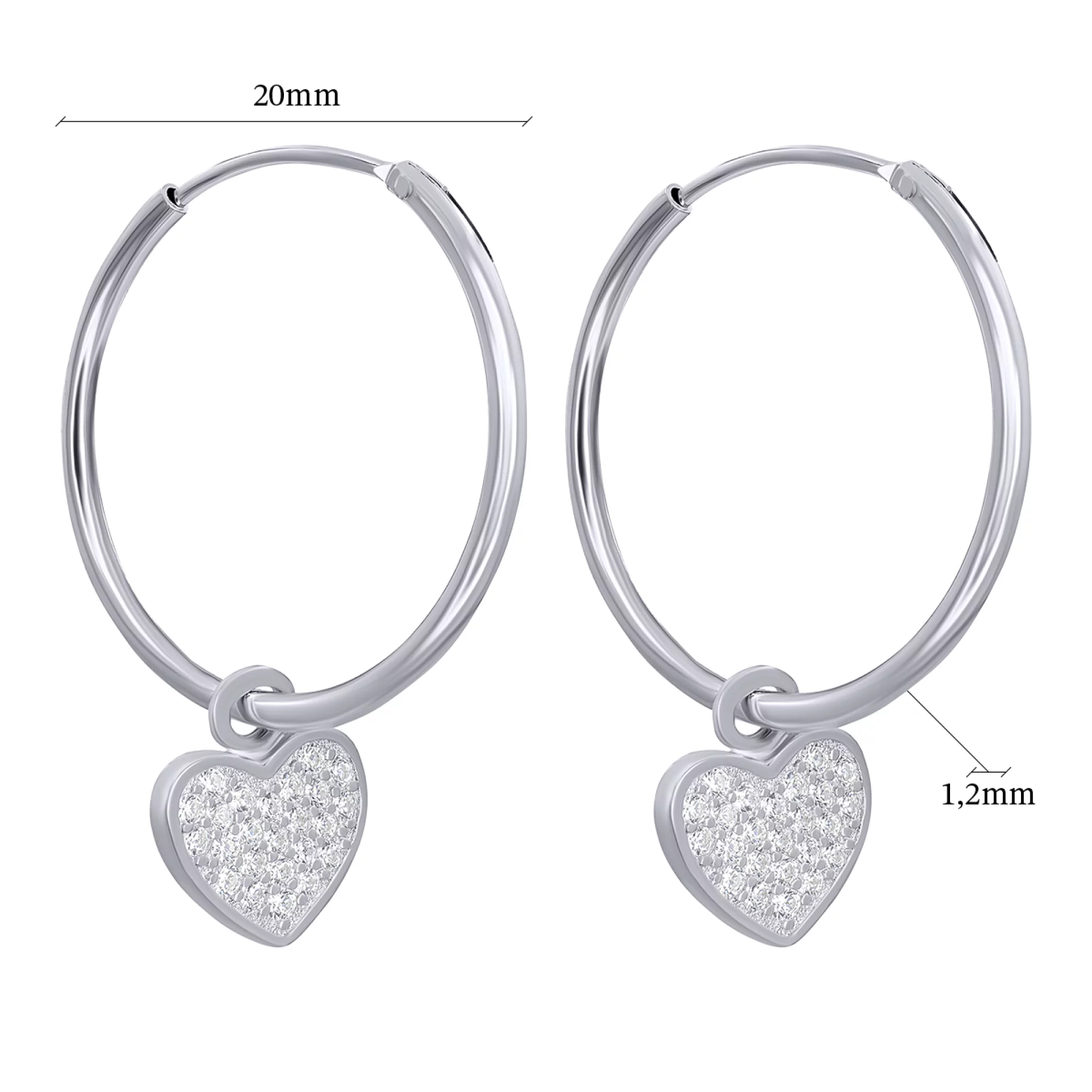 Сережки-кольца из серебра с "Сердечками" и фианитом - 1352855 – изображение 2