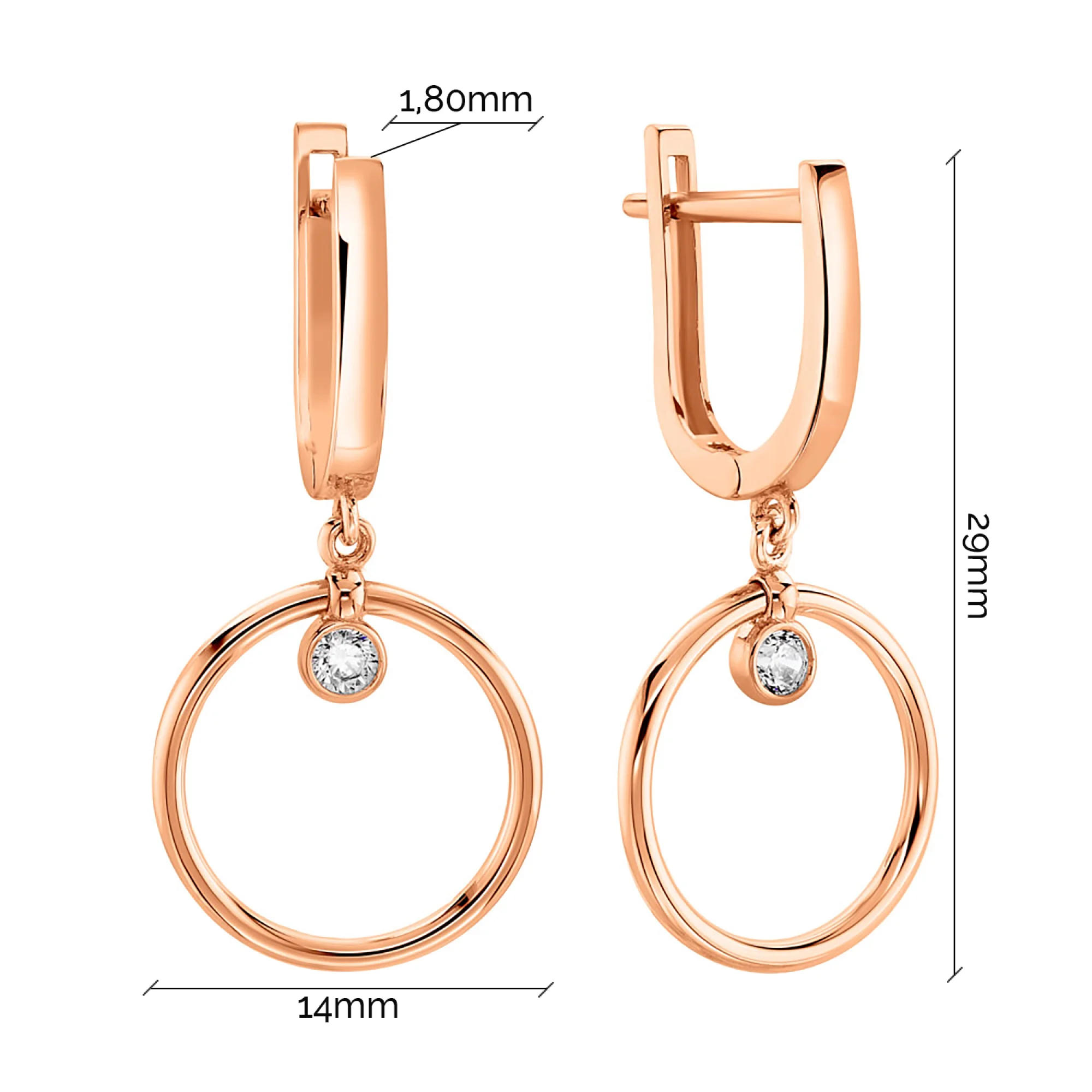 Сережки из красного золота с фианитом и подвесными кругами - 1478527 - 2