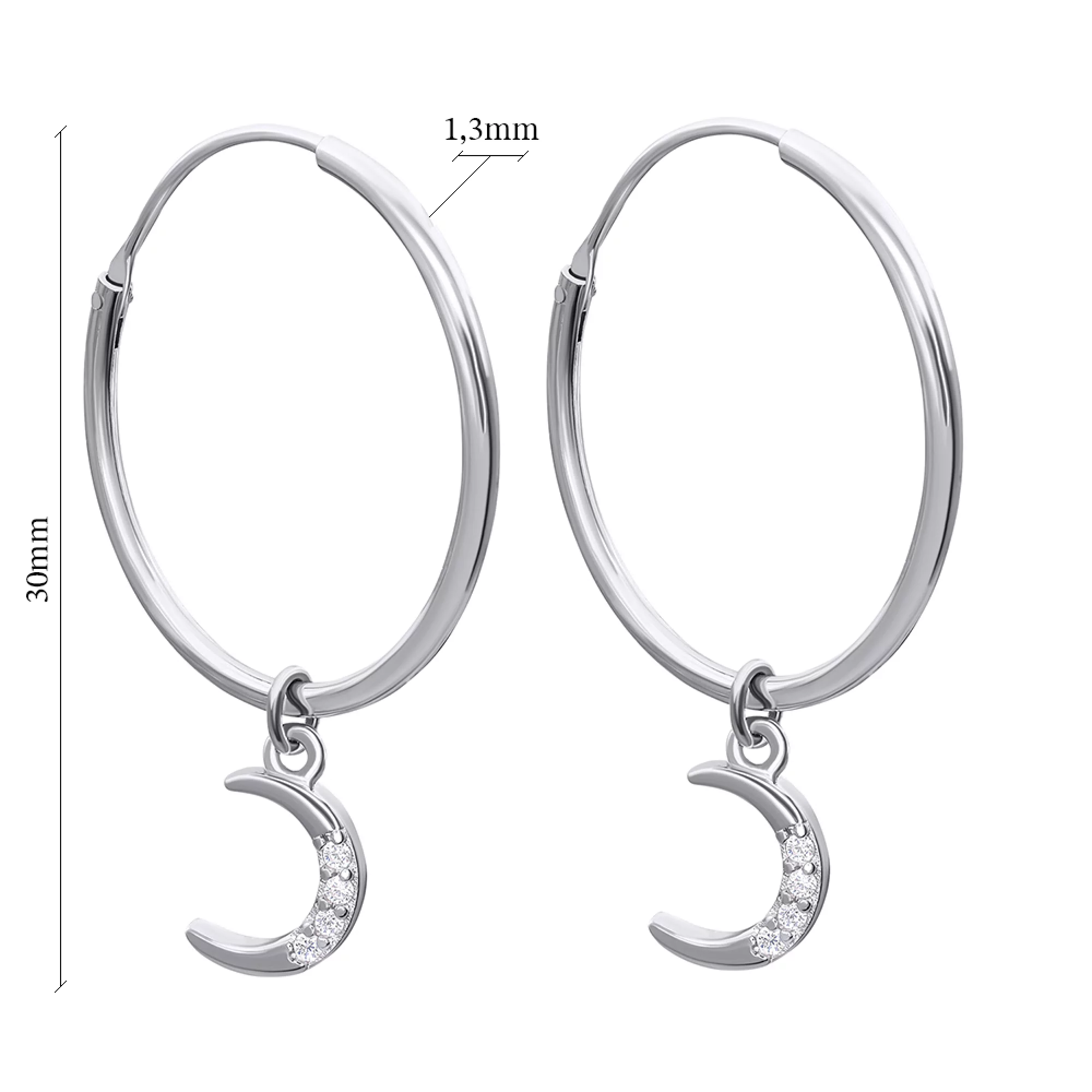 Сережки-кольца серебряные с подвесками с фианитами Звезда и Месяц - 1483507 – изображение 2