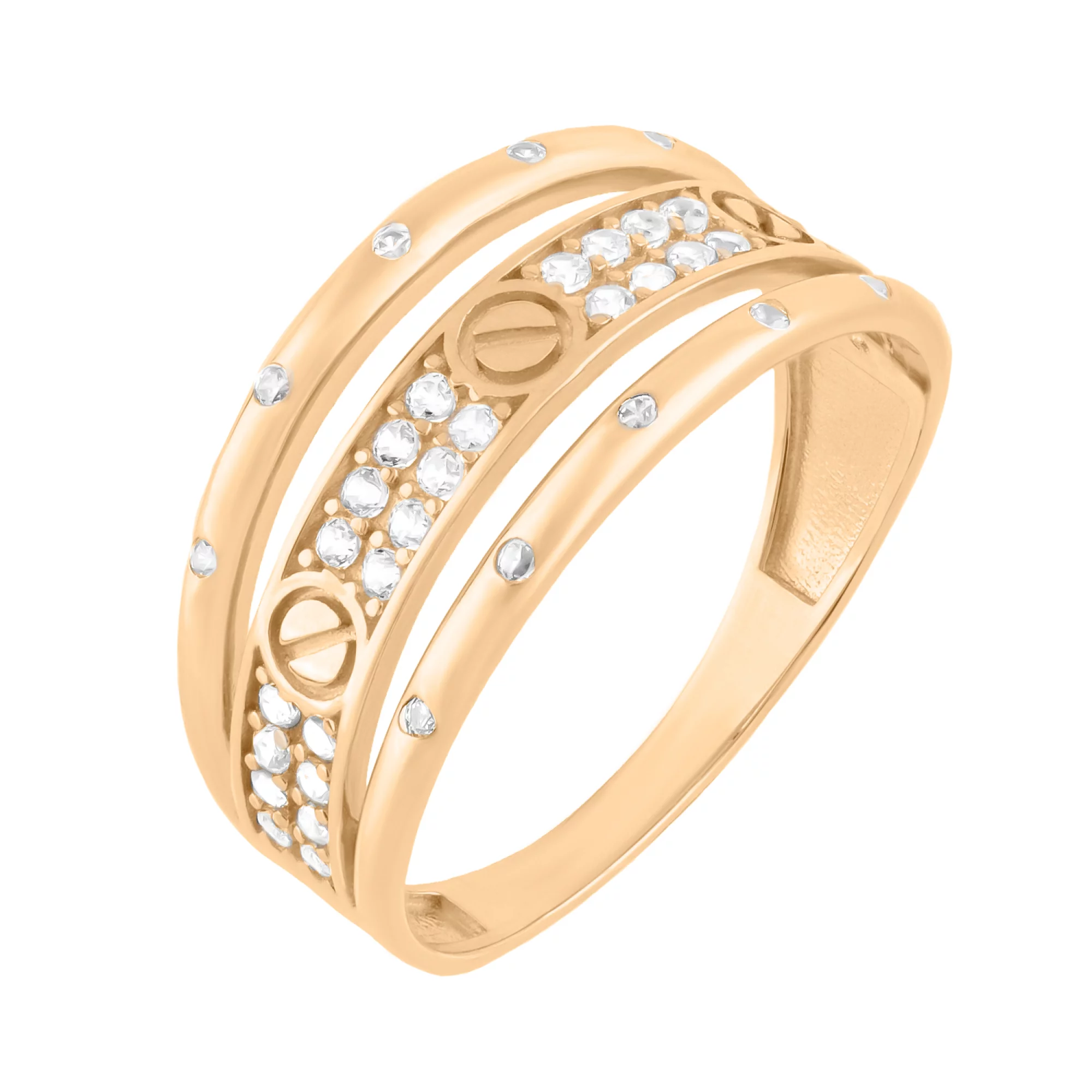 Кольцо "Love" с фианитами и з красного золота - 1581045 – изображение 1
