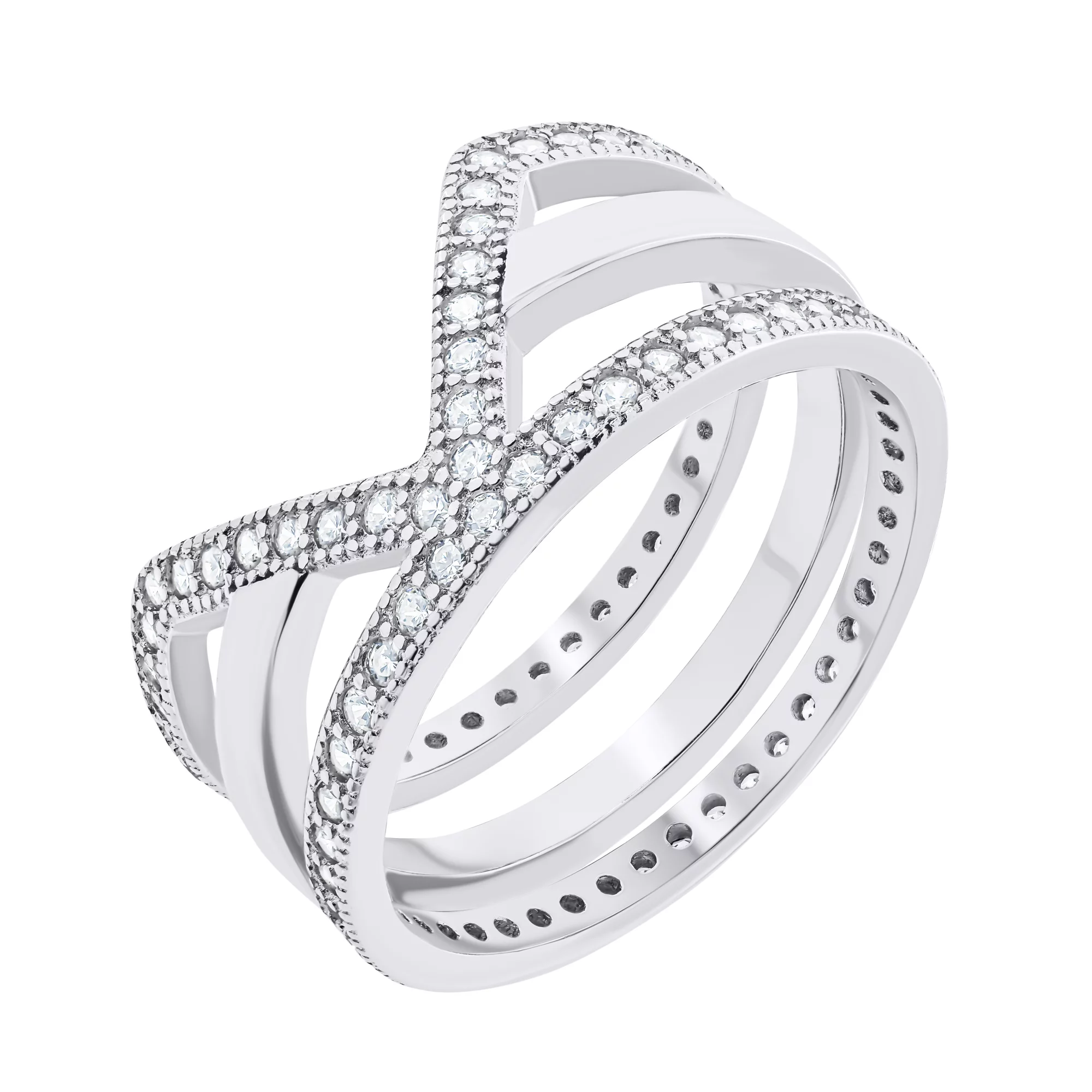 Фаланговое тройное серебряное кольцо с дорожками фианитов - 1528865 – изображение 1