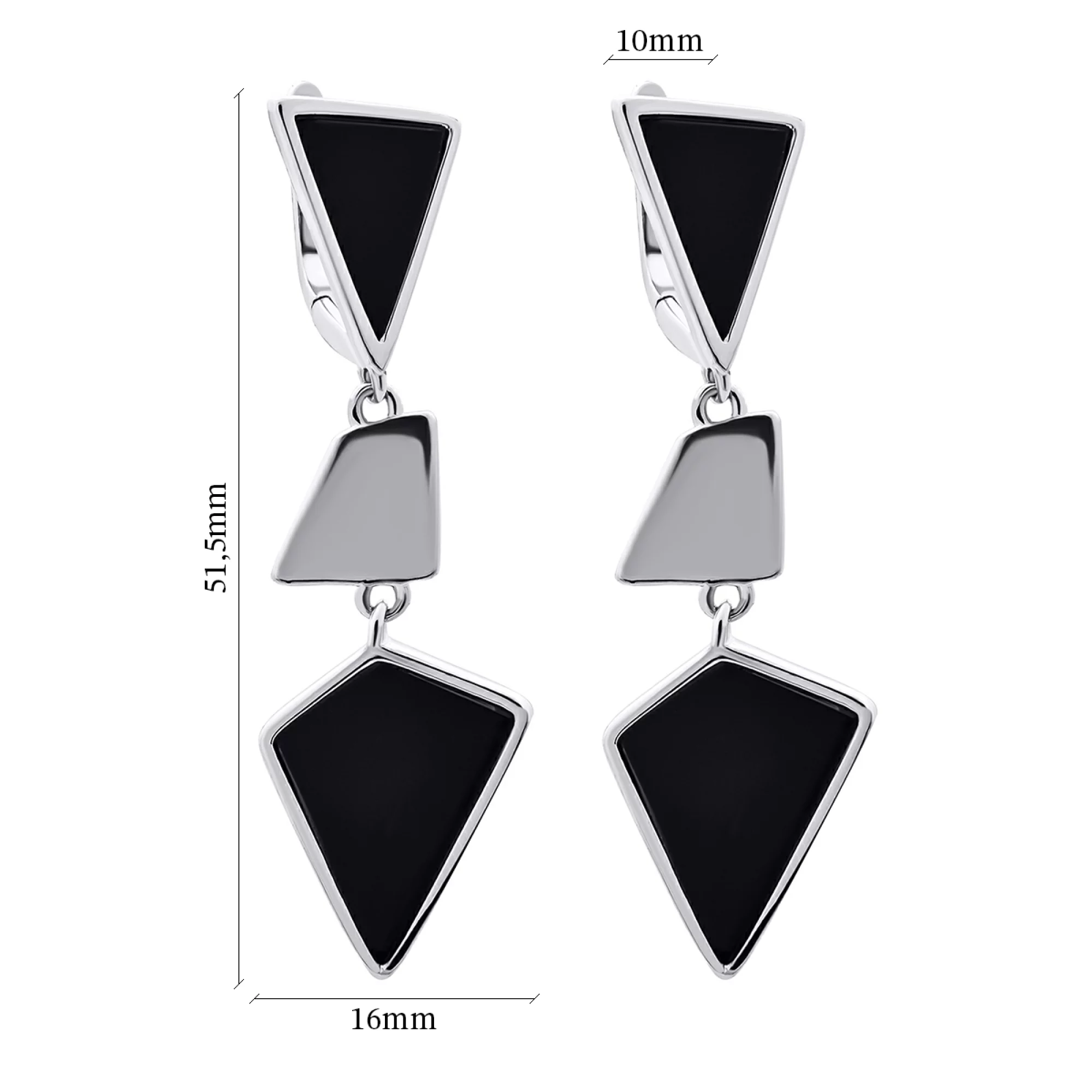 Сережки серебряные "Геометрия" с подвесками с ониксом - 1269070 – изображение 2
