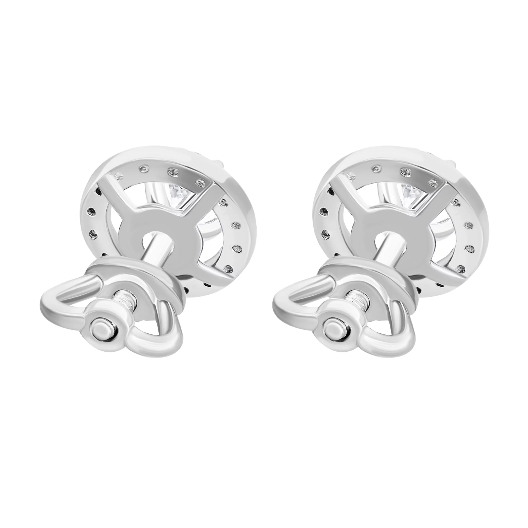 Срібні сережки-гвоздики круглої форми з доріжкою фіанітів - 1599373 – зображення 2