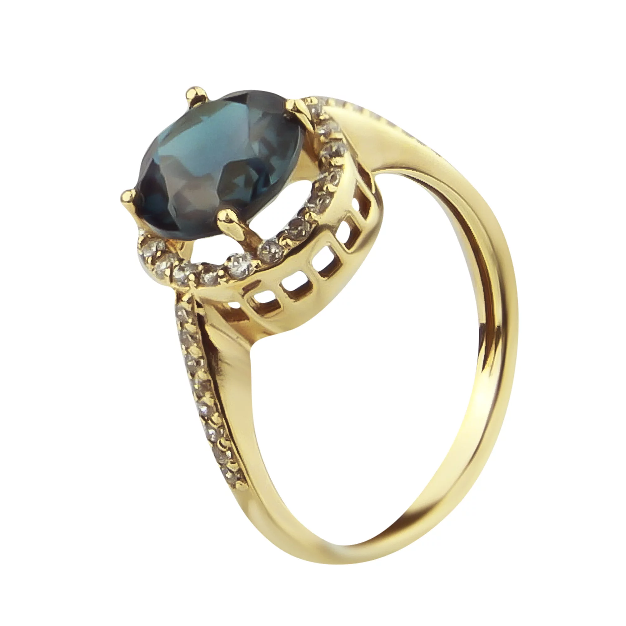 Золотое кольцо с лондон топазом и фианитами - 538318 – изображение 1