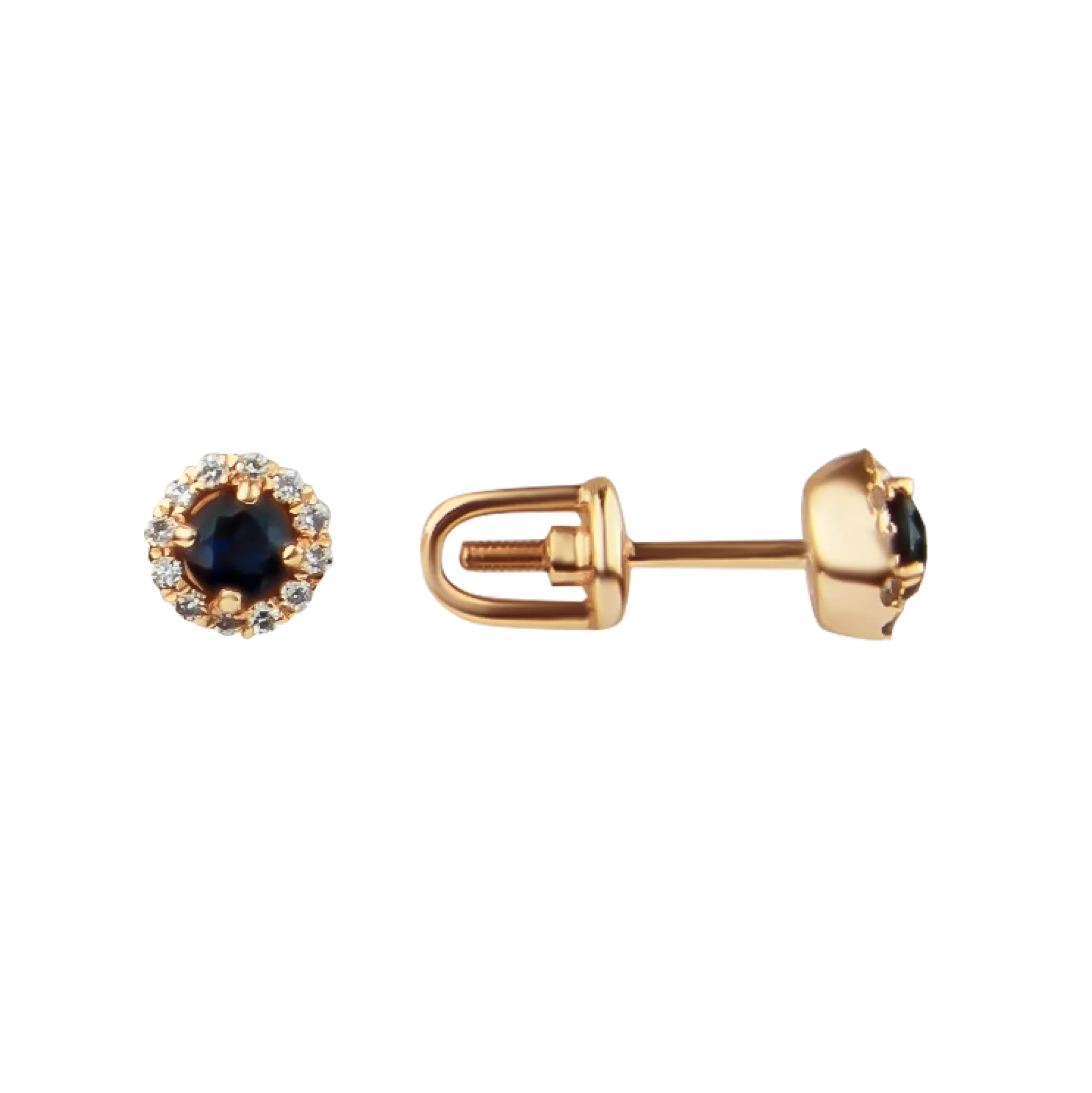 Сережки-гвоздики с бриллиантом и сапфиром из красного золота - 970142 – изображение 1