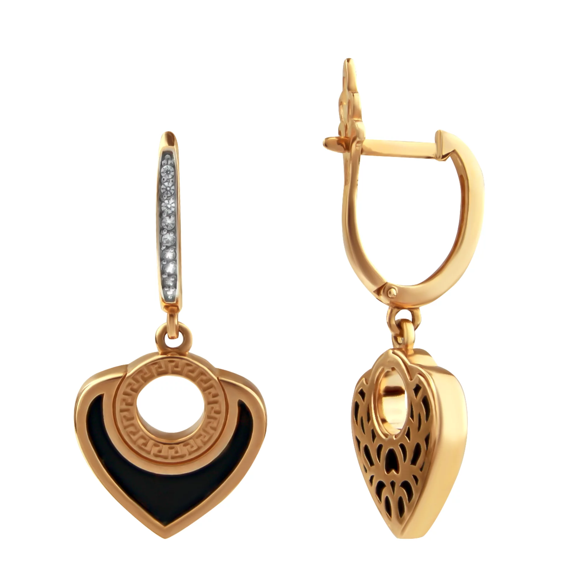 Золоті сережки з ониксом і фіанітами з підвіской Серце - 379981 – зображення 1